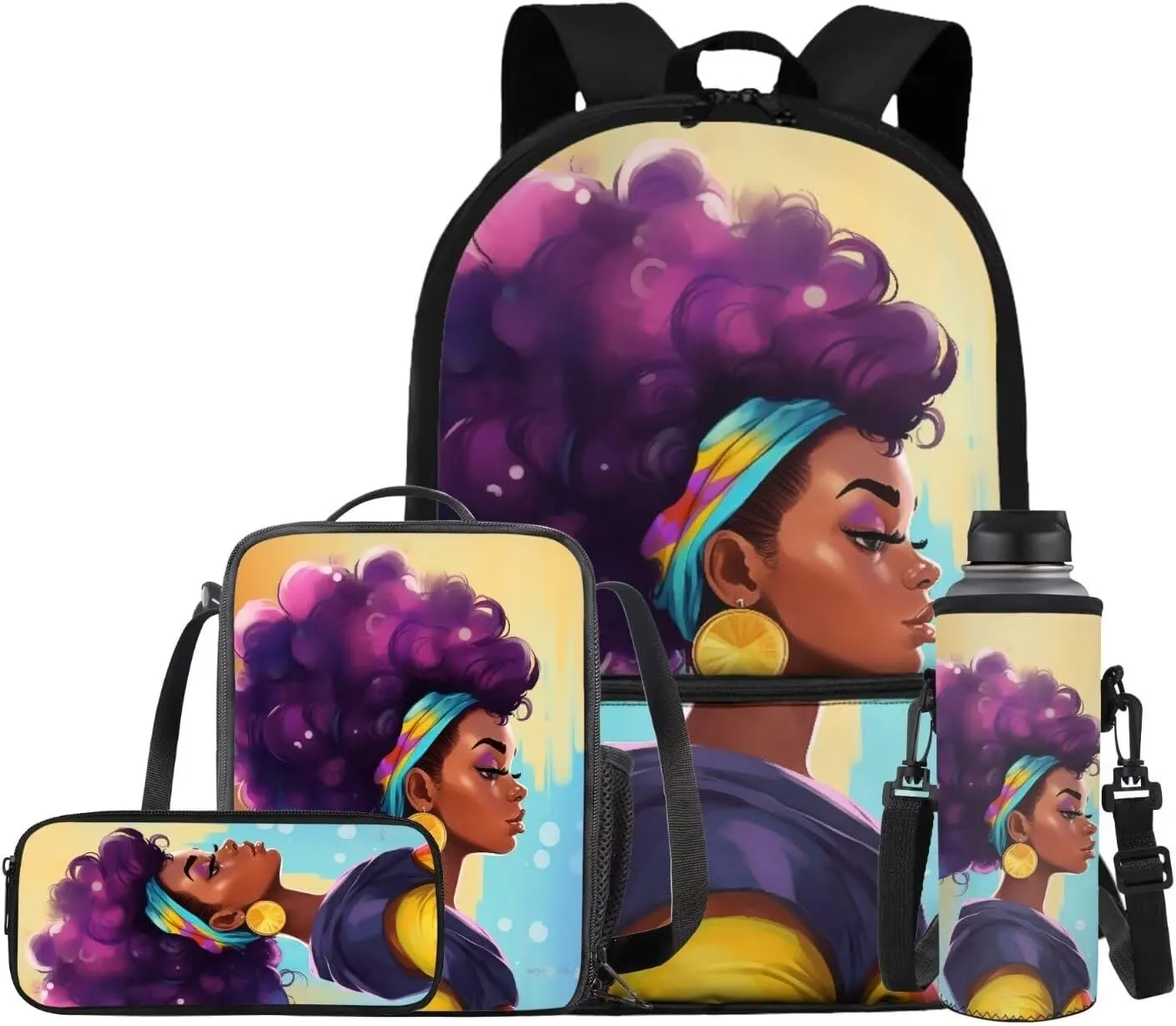 4 PCS African Black Woman Backpack Set, Girls School Backpacks Bookbag Schoolbag Lunch Tote Bag Pencil Case Water Bottle Carrier Bag Daypack with Zipper Front Pocket for Women College