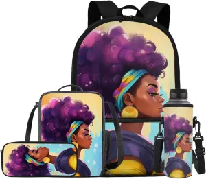 4 PCS African Black Woman Backpack Set, Girls School Backpacks Bookbag Schoolbag Lunch Tote Bag Pencil Case Water Bottle Carrier Bag Daypack with Zipper Front Pocket for Women College