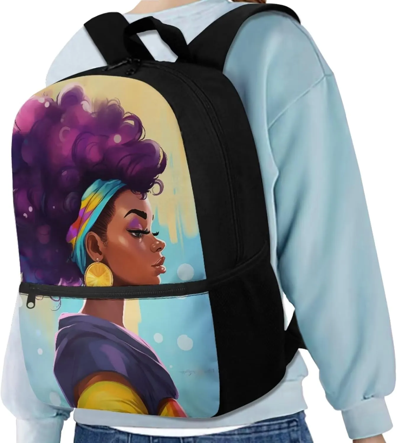 4 PCS African Black Woman Backpack Set, Girls School Backpacks Bookbag Schoolbag Lunch Tote Bag Pencil Case Water Bottle Carrier Bag Daypack with Zipper Front Pocket for Women College