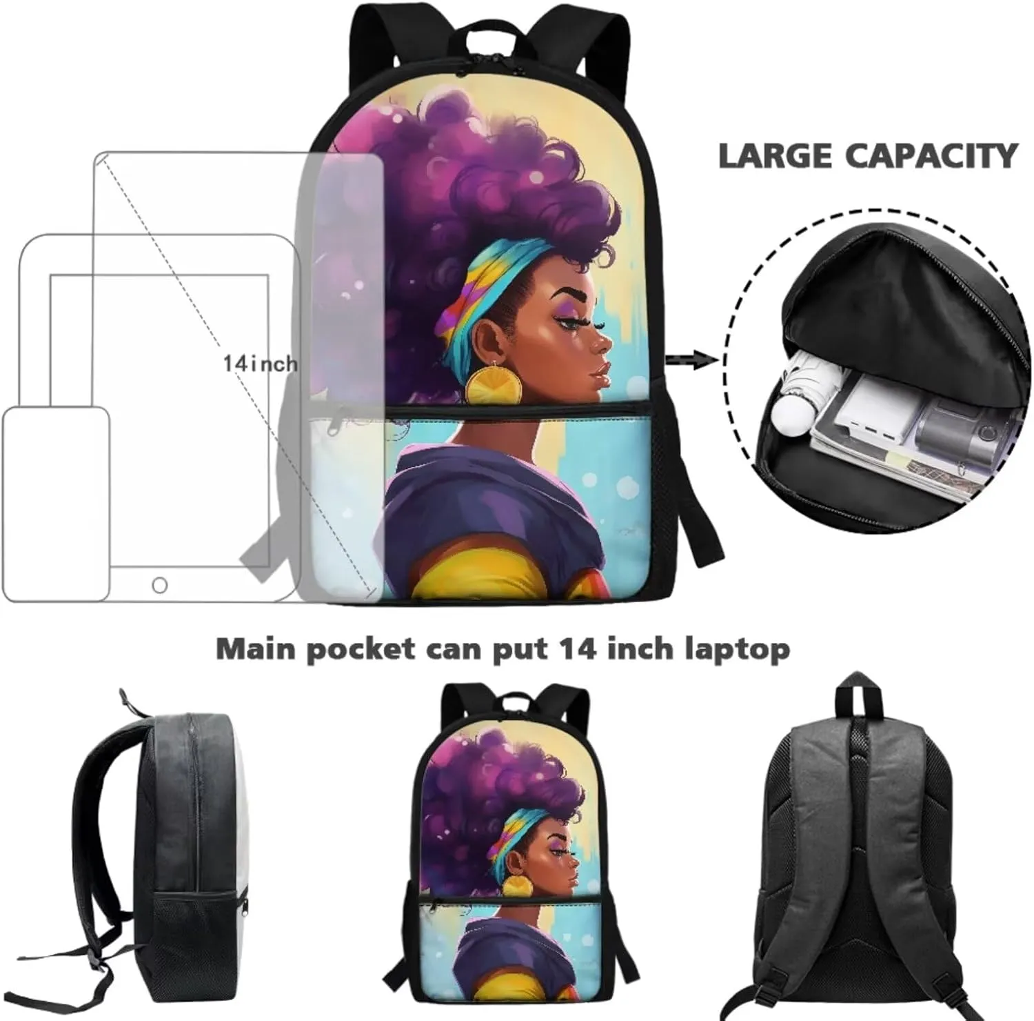 4 PCS African Black Woman Backpack Set, Girls School Backpacks Bookbag Schoolbag Lunch Tote Bag Pencil Case Water Bottle Carrier Bag Daypack with Zipper Front Pocket for Women College