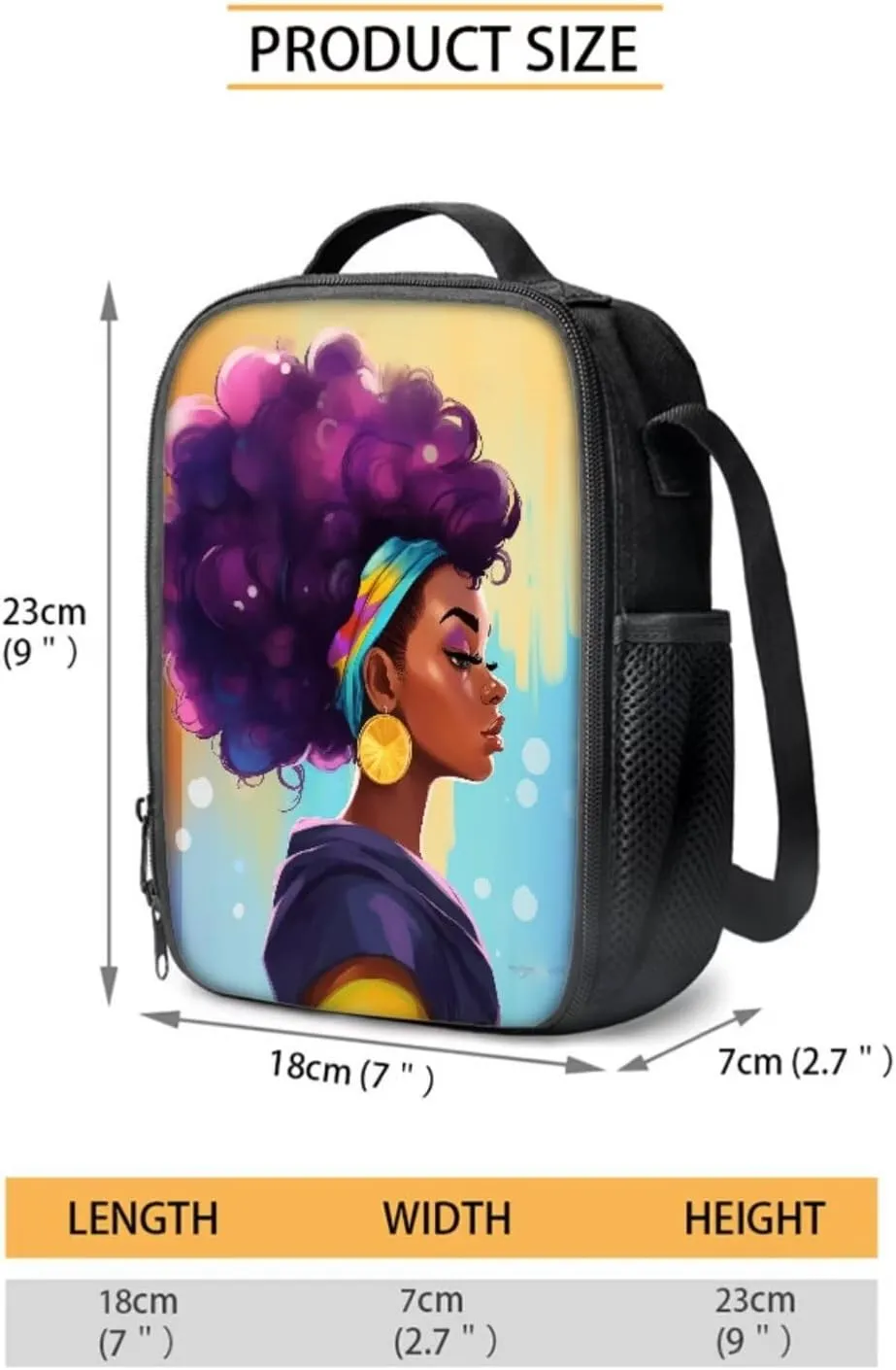 4 PCS African Black Woman Backpack Set, Girls School Backpacks Bookbag Schoolbag Lunch Tote Bag Pencil Case Water Bottle Carrier Bag Daypack with Zipper Front Pocket for Women College