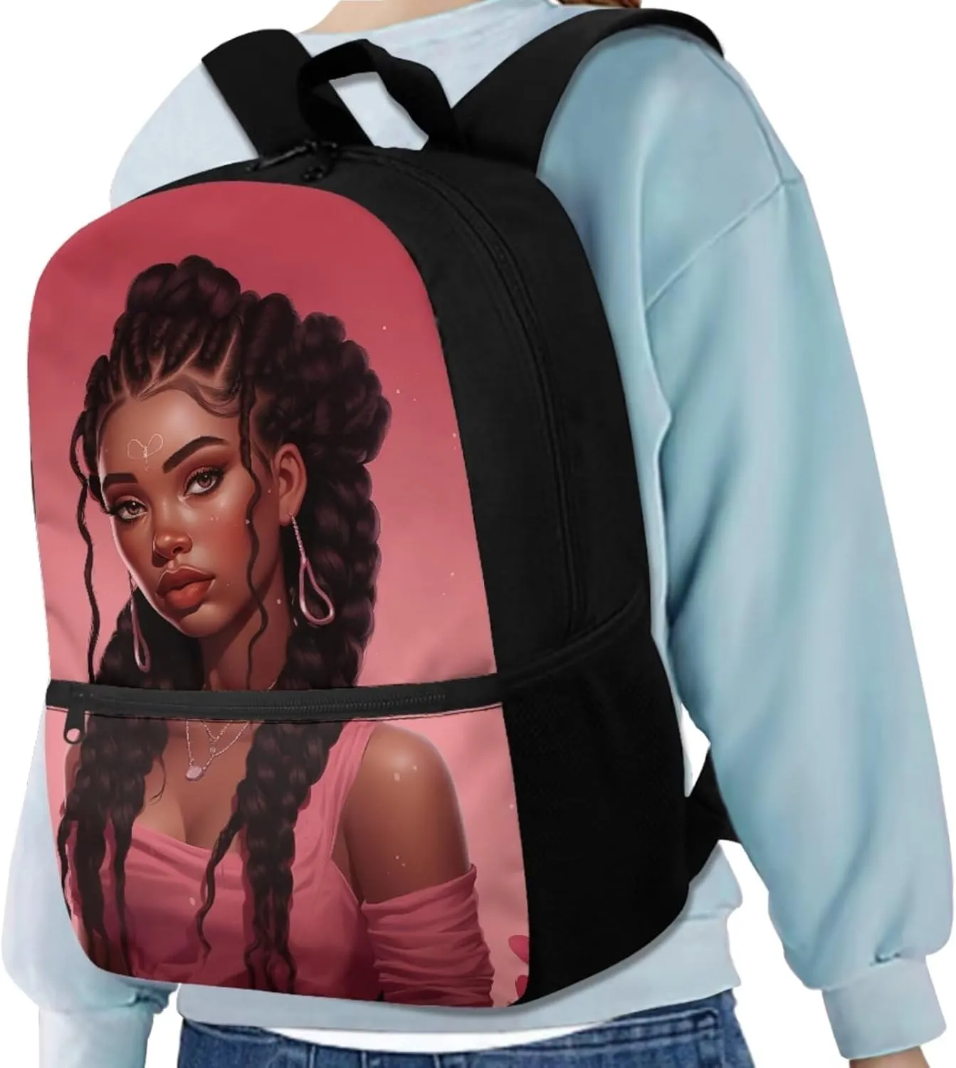4 PCS African Girls School Bags Set, Women's Pink Hiking Backpack Bookbag Tablet Bag for Laptops Shoulder Crossbody Lunch Bag Pencil Case Water Bottle Holder for Travel Office, Pink