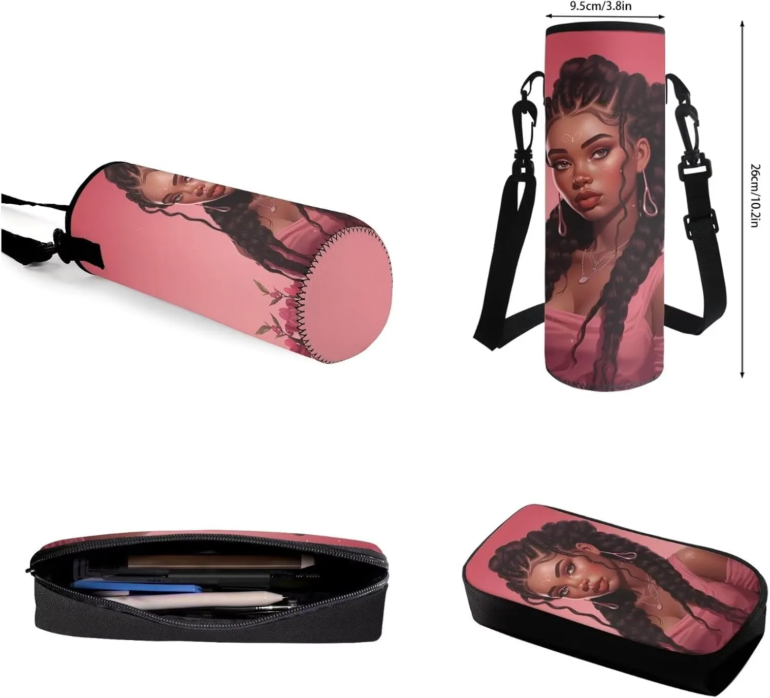 4 PCS African Girls School Bags Set, Women's Pink Hiking Backpack Bookbag Tablet Bag for Laptops Shoulder Crossbody Lunch Bag Pencil Case Water Bottle Holder for Travel Office, Pink