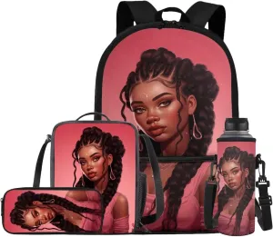 4 PCS African Girls School Bags Set, Women's Pink Hiking Backpack Bookbag Tablet Bag for Laptops Shoulder Crossbody Lunch Bag Pencil Case Water Bottle Holder for Travel Office, Pink