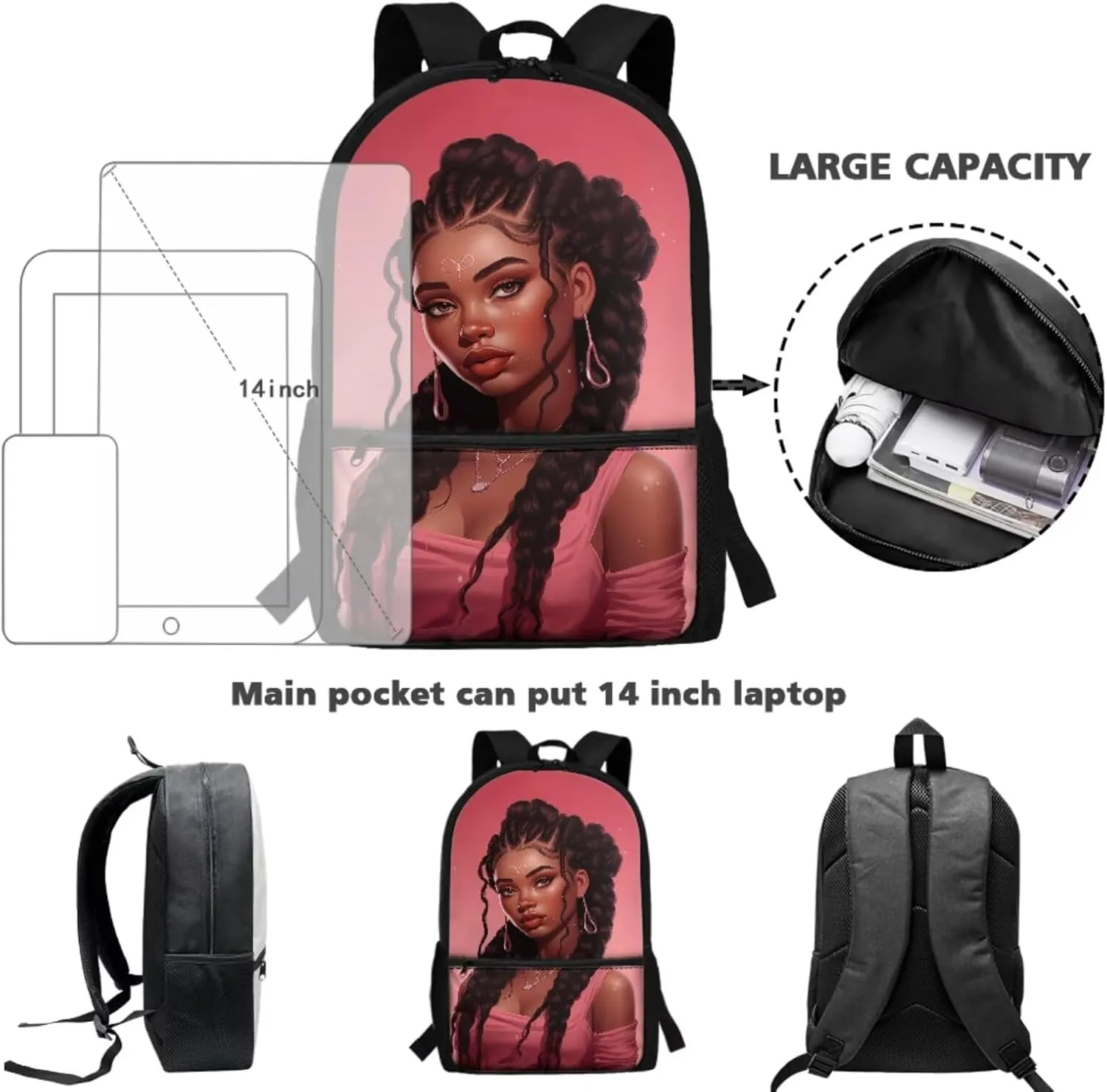 4 PCS African Girls School Bags Set, Women's Pink Hiking Backpack Bookbag Tablet Bag for Laptops Shoulder Crossbody Lunch Bag Pencil Case Water Bottle Holder for Travel Office, Pink