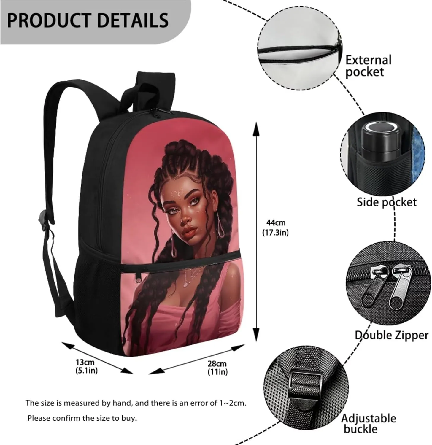 4 PCS African Girls School Bags Set, Women's Pink Hiking Backpack Bookbag Tablet Bag for Laptops Shoulder Crossbody Lunch Bag Pencil Case Water Bottle Holder for Travel Office, Pink