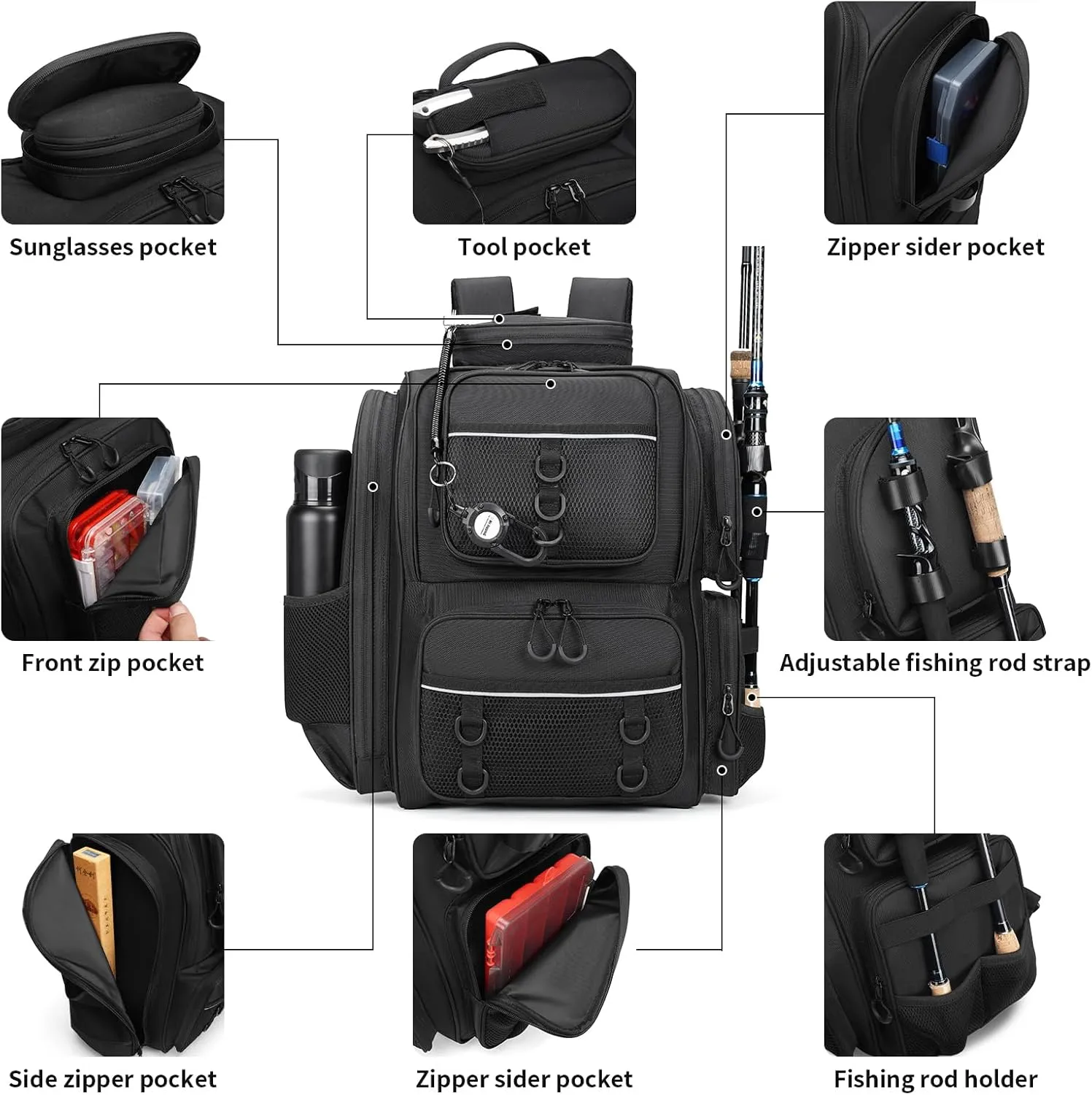 42L Waterproof Fishing Bag with Rod Holder,A Movable Partition and An Insulated Liner, It Is also A Large Lightweight Hiking Backpack
