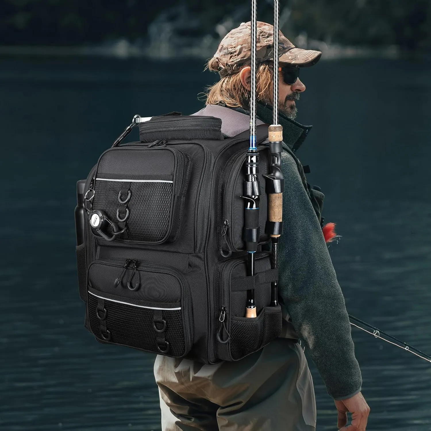 42L Waterproof Fishing Bag with Rod Holder,A Movable Partition and An Insulated Liner, It Is also A Large Lightweight Hiking Backpack