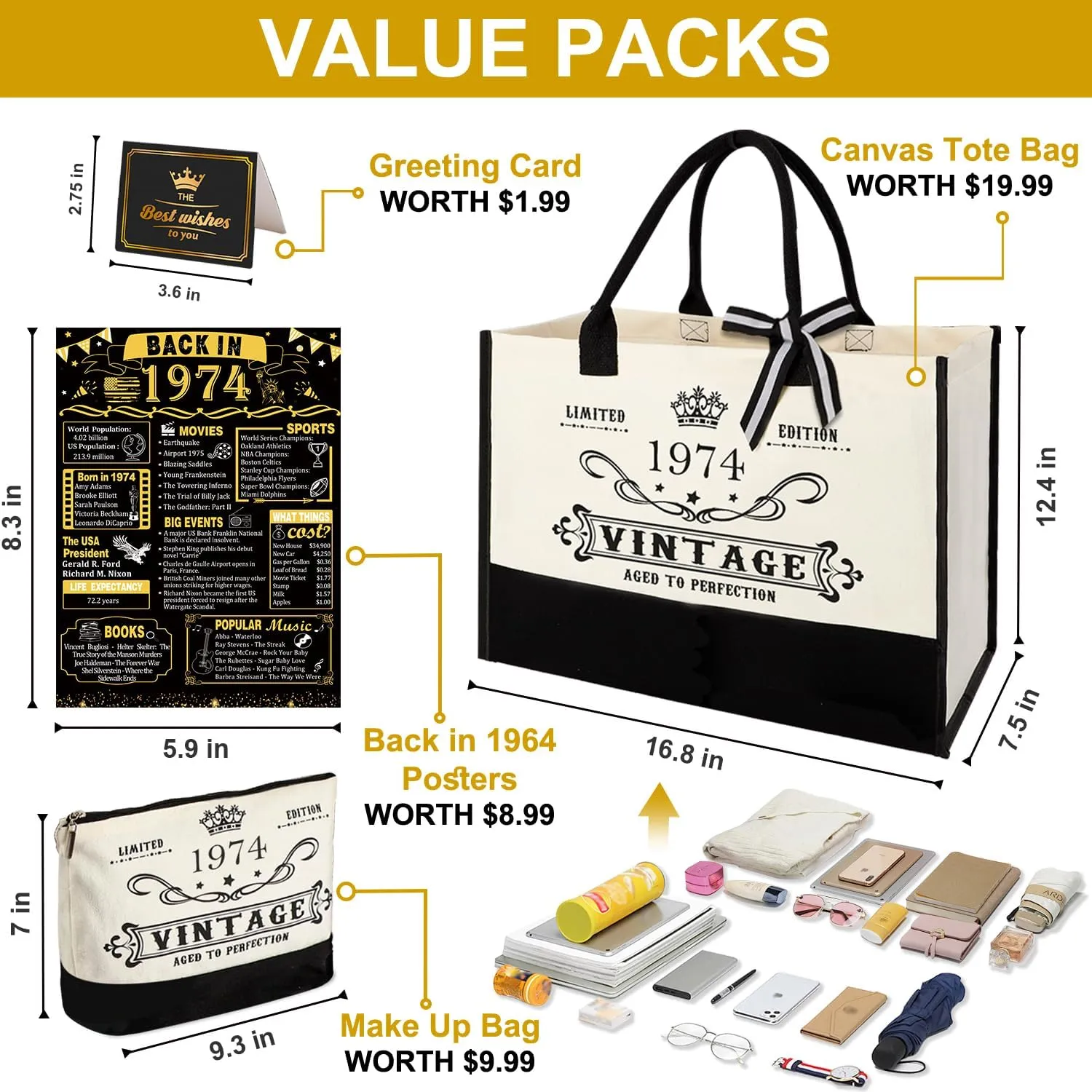 51st Birthday Gifts for Her Canvas Tote Bag Travel Gear, Unique 51 Years Old Birthday Gifts for Girlfriend Sister Friends Women, Vintage 1974 Handbag & Cosmetic Bag & Back in 1974 Poster