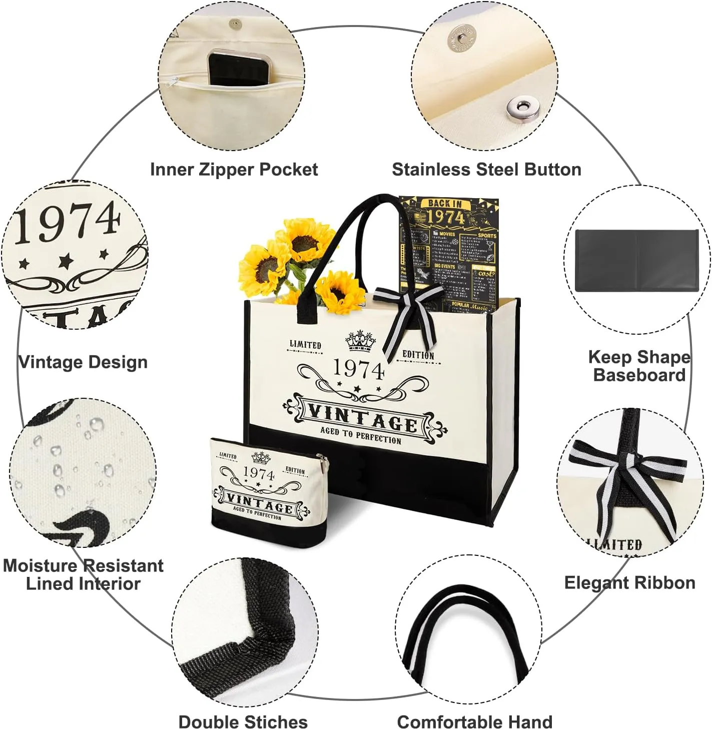 51st Birthday Gifts for Her Canvas Tote Bag Travel Gear, Unique 51 Years Old Birthday Gifts for Girlfriend Sister Friends Women, Vintage 1974 Handbag & Cosmetic Bag & Back in 1974 Poster