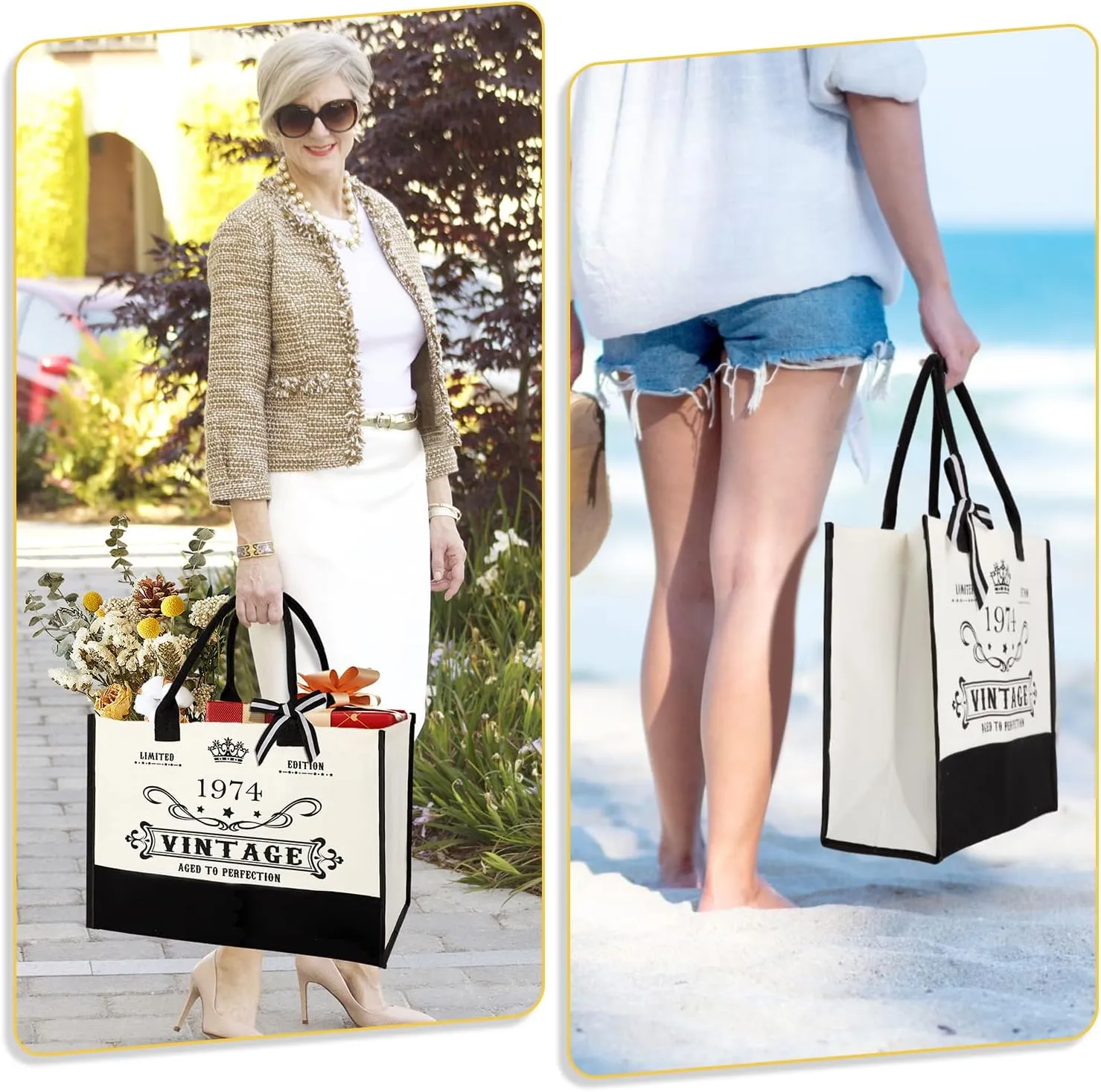51st Birthday Gifts for Her Canvas Tote Bag Travel Gear, Unique 51 Years Old Birthday Gifts for Girlfriend Sister Friends Women, Vintage 1974 Handbag & Cosmetic Bag & Back in 1974 Poster