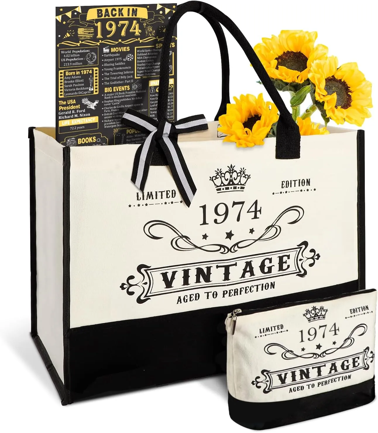 51st Birthday Gifts for Her Canvas Tote Bag Travel Gear, Unique 51 Years Old Birthday Gifts for Girlfriend Sister Friends Women, Vintage 1974 Handbag & Cosmetic Bag & Back in 1974 Poster