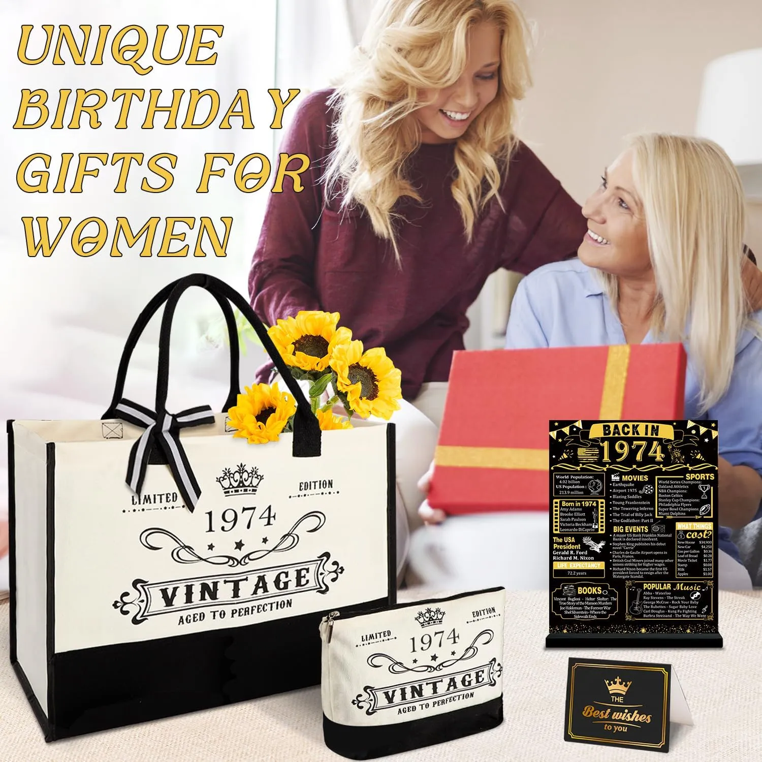 51st Birthday Gifts for Her Canvas Tote Bag Travel Gear, Unique 51 Years Old Birthday Gifts for Girlfriend Sister Friends Women, Vintage 1974 Handbag & Cosmetic Bag & Back in 1974 Poster