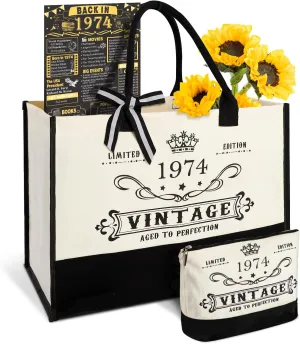 51st Birthday Gifts for Her Canvas Tote Bag Travel Gear, Unique 51 Years Old Birthday Gifts for Girlfriend Sister Friends Women, Vintage 1974 Handbag & Cosmetic Bag & Back in 1974 Poster