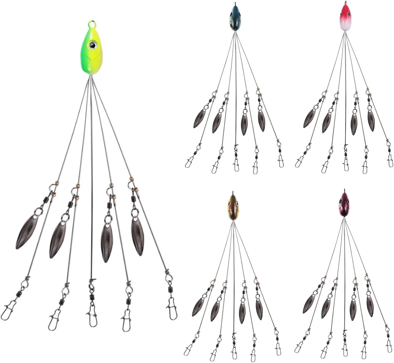 5pcs 5 Arms SEASHARK Alabama Umbrella Rig with 4 Blade for bass Fishing Rigs Lure Saltwater Stripers Swim Bait Ultralight Tripod Bass Lures Bait Kit Junior Ultralight Willow Blade Multi-Lure Rig
