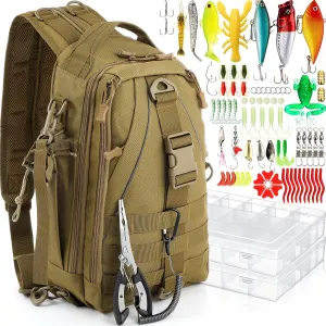 85 Pcs Fishing Backpack with Tackle Boxes, Tackle Sling Bag with Rod Holder, Fishing Lures Kit and Pliers Set for Men Women