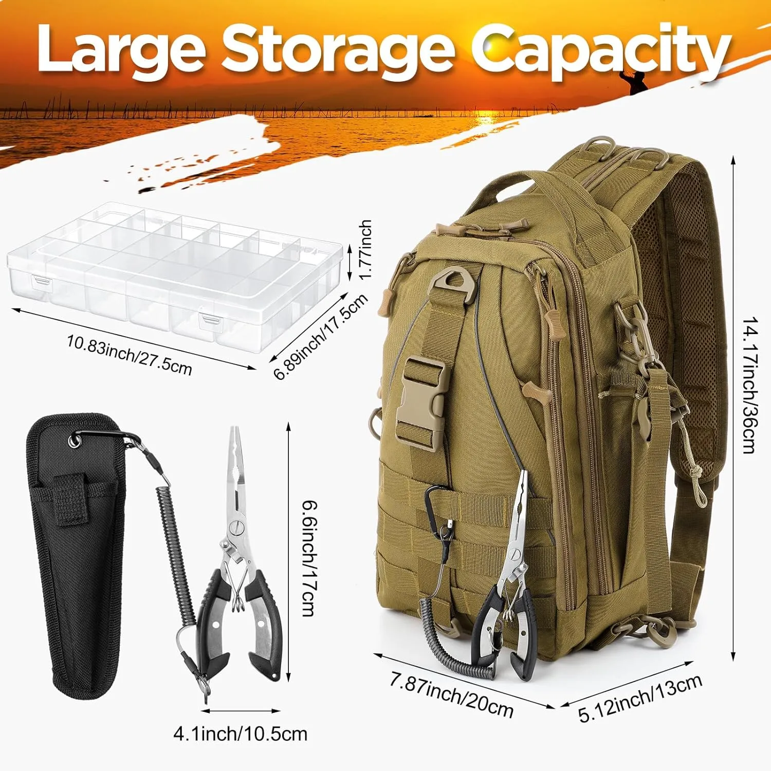 85 Pcs Fishing Backpack with Tackle Boxes, Tackle Sling Bag with Rod Holder, Fishing Lures Kit and Pliers Set for Men Women