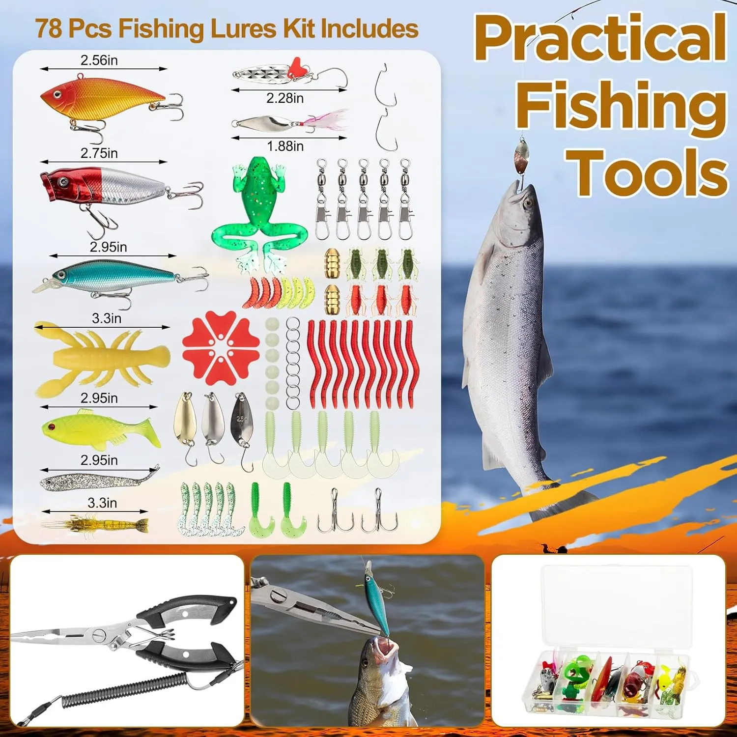 85 Pcs Fishing Backpack with Tackle Boxes, Tackle Sling Bag with Rod Holder, Fishing Lures Kit and Pliers Set for Men Women