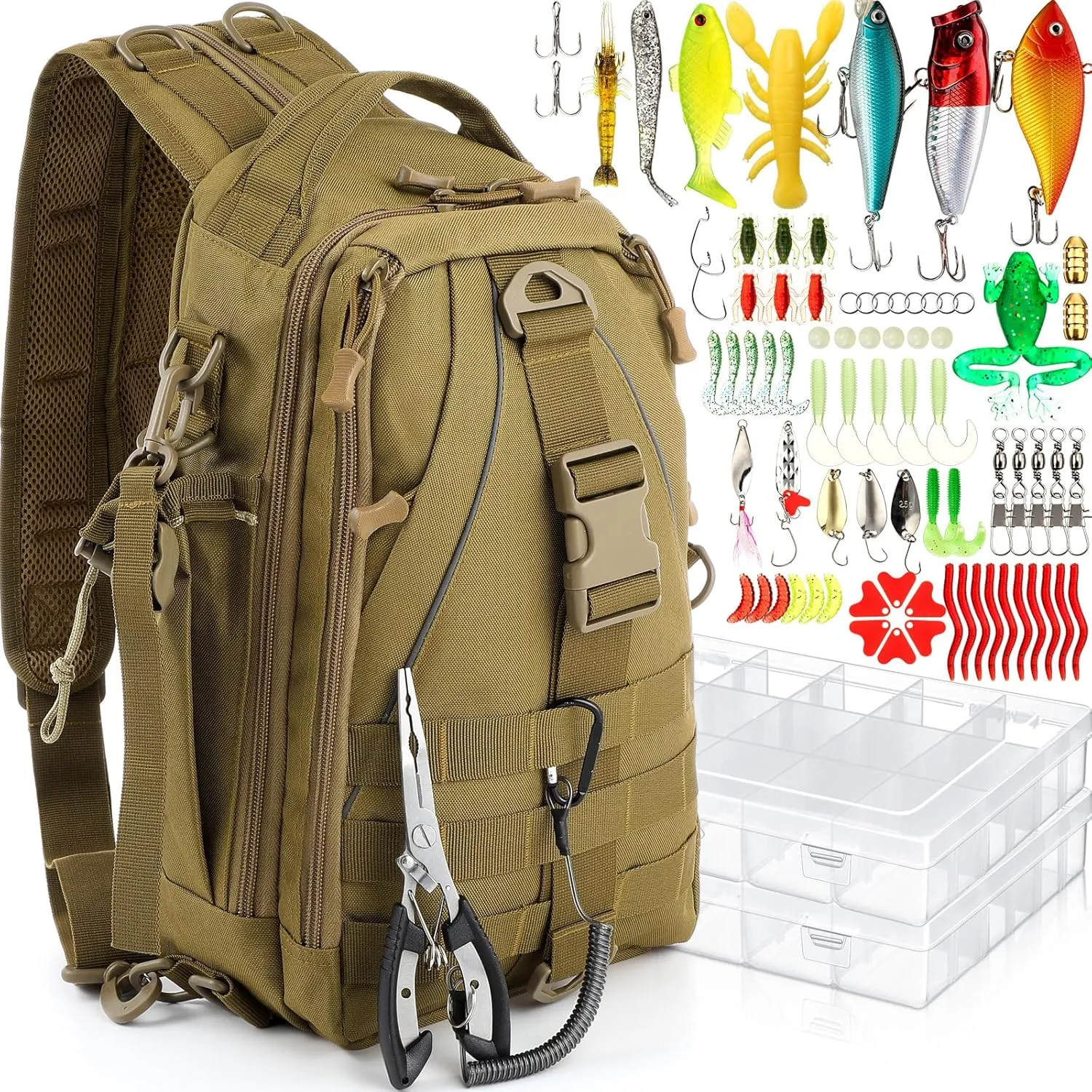 85 Pcs Fishing Backpack with Tackle Boxes, Tackle Sling Bag with Rod Holder, Fishing Lures Kit and Pliers Set for Men Women