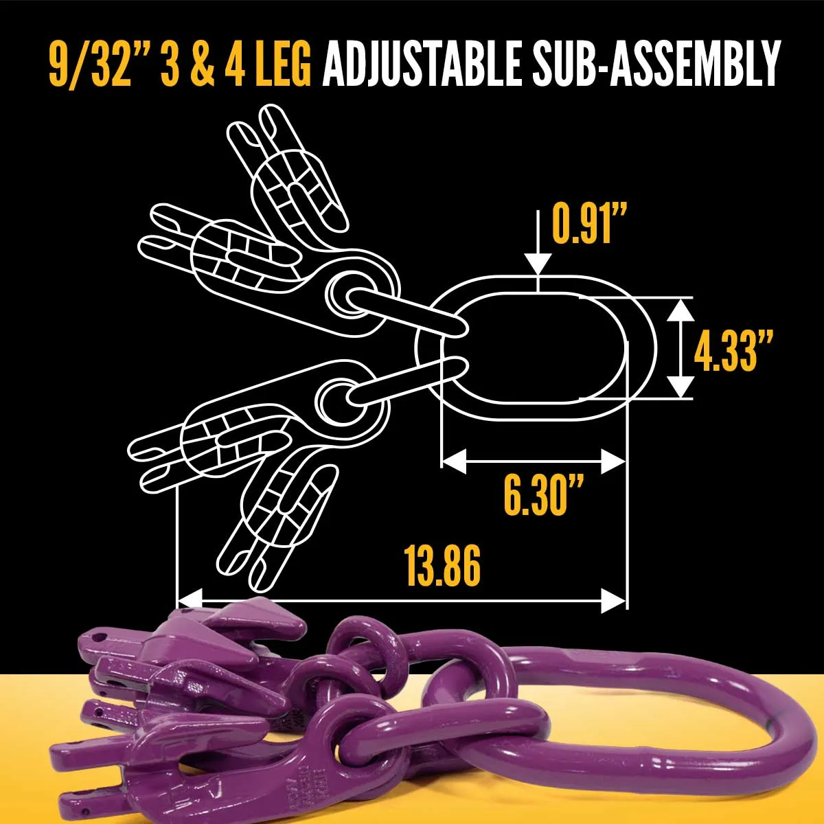 9/32" x 5' - Adjustable 3 Leg Chain Sling w/ Grab Hooks - Grade 100