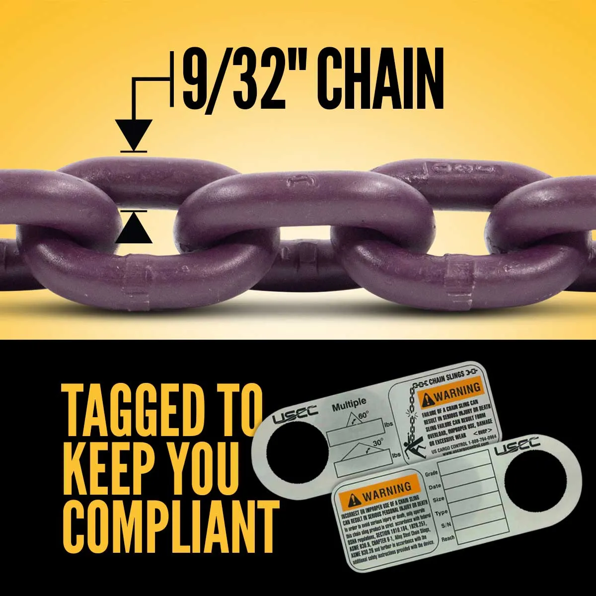 9/32" x 5' - Adjustable 3 Leg Chain Sling w/ Grab Hooks - Grade 100
