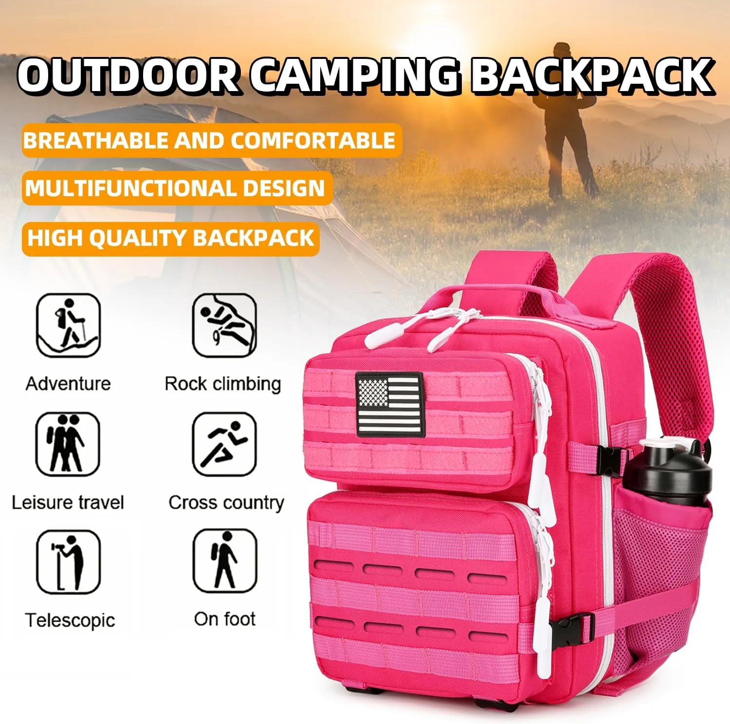 9L Mini Tactical Backpack 9L Assault Pack 9L Tactical Backpack Hiking Fitness Backpack（Rose Red）