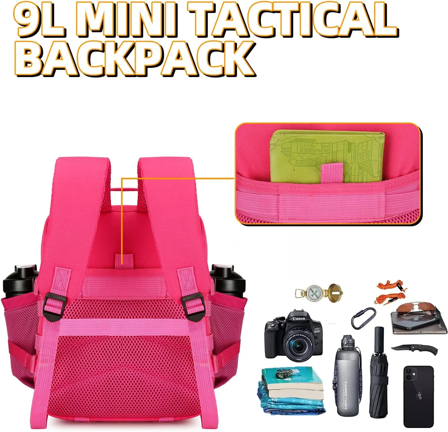 9L Mini Tactical Backpack 9L Assault Pack 9L Tactical Backpack Hiking Fitness Backpack（Rose Red）