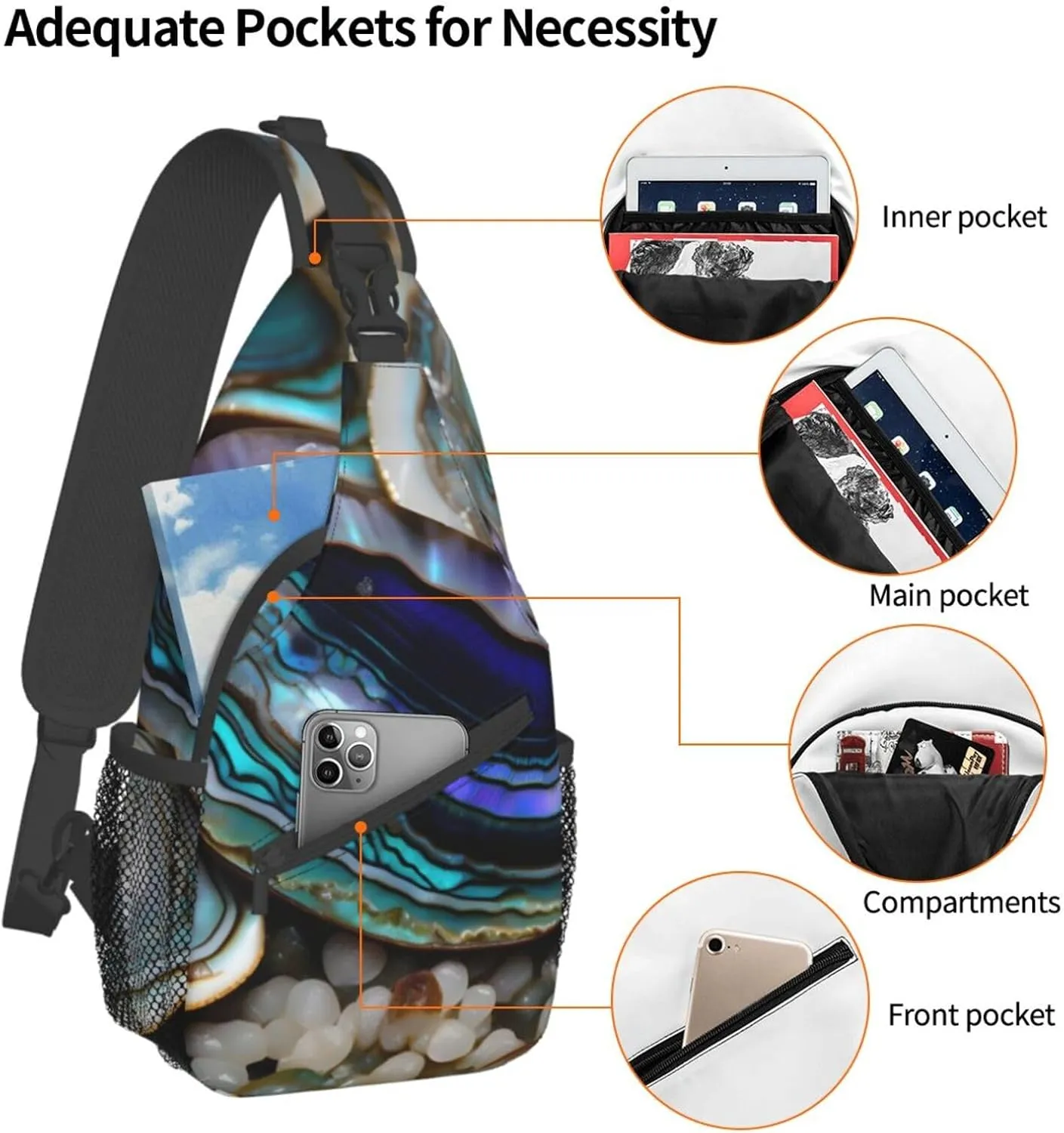 Abalone nacre Print Sling Backpack, Sling Bag, Crossbody Chest Bag Daypack, for Hiking Travel