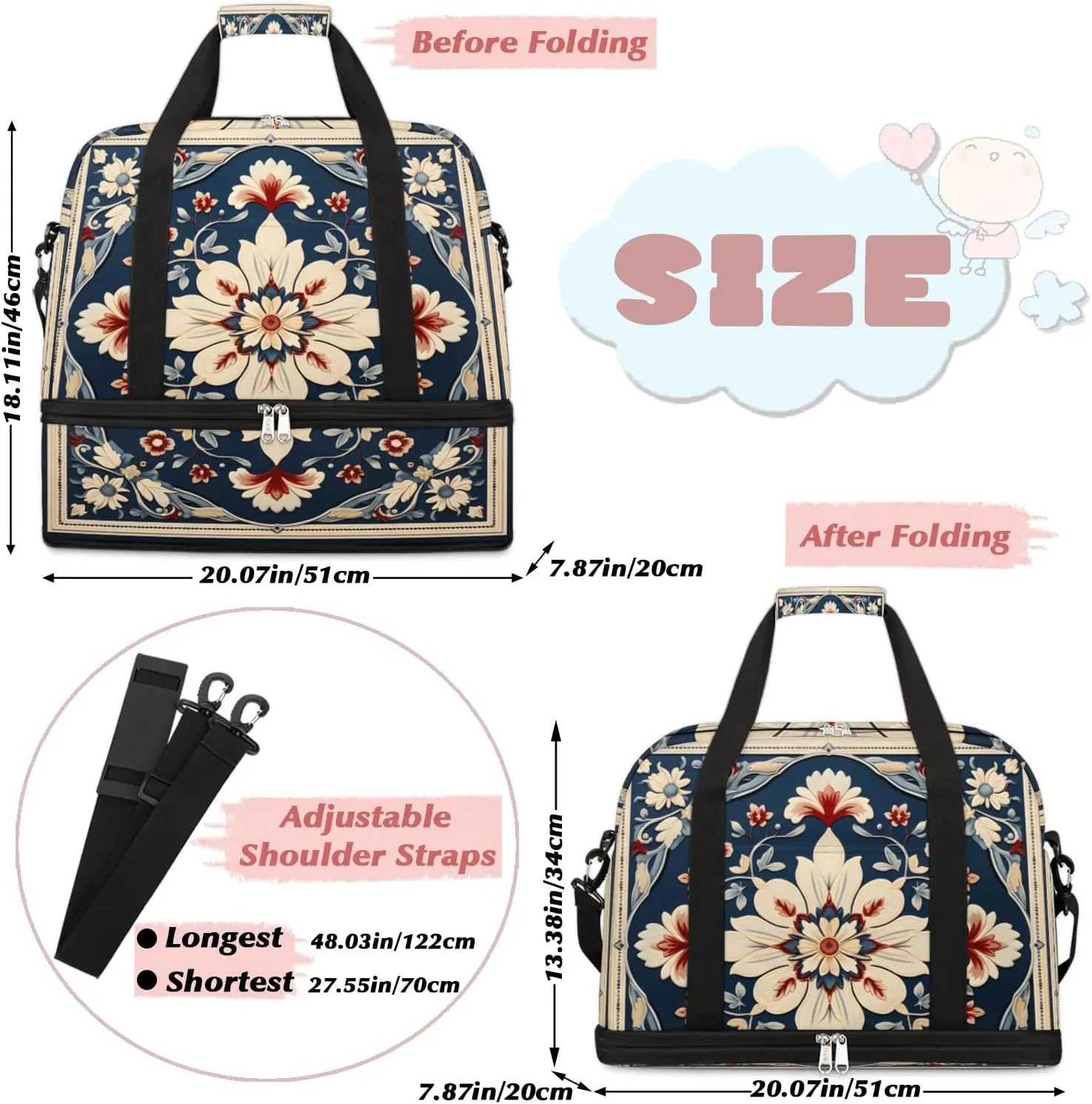 Abstract Boho Flowers Patterns Travel Duffle Bag, Collapsible Travel Bag Sports Gym Bag With Shoes Compartment Weekender Bag Overnight Bag For Women Men