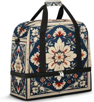 Abstract Boho Flowers Patterns Travel Duffle Bag, Collapsible Travel Bag Sports Gym Bag With Shoes Compartment Weekender Bag Overnight Bag For Women Men