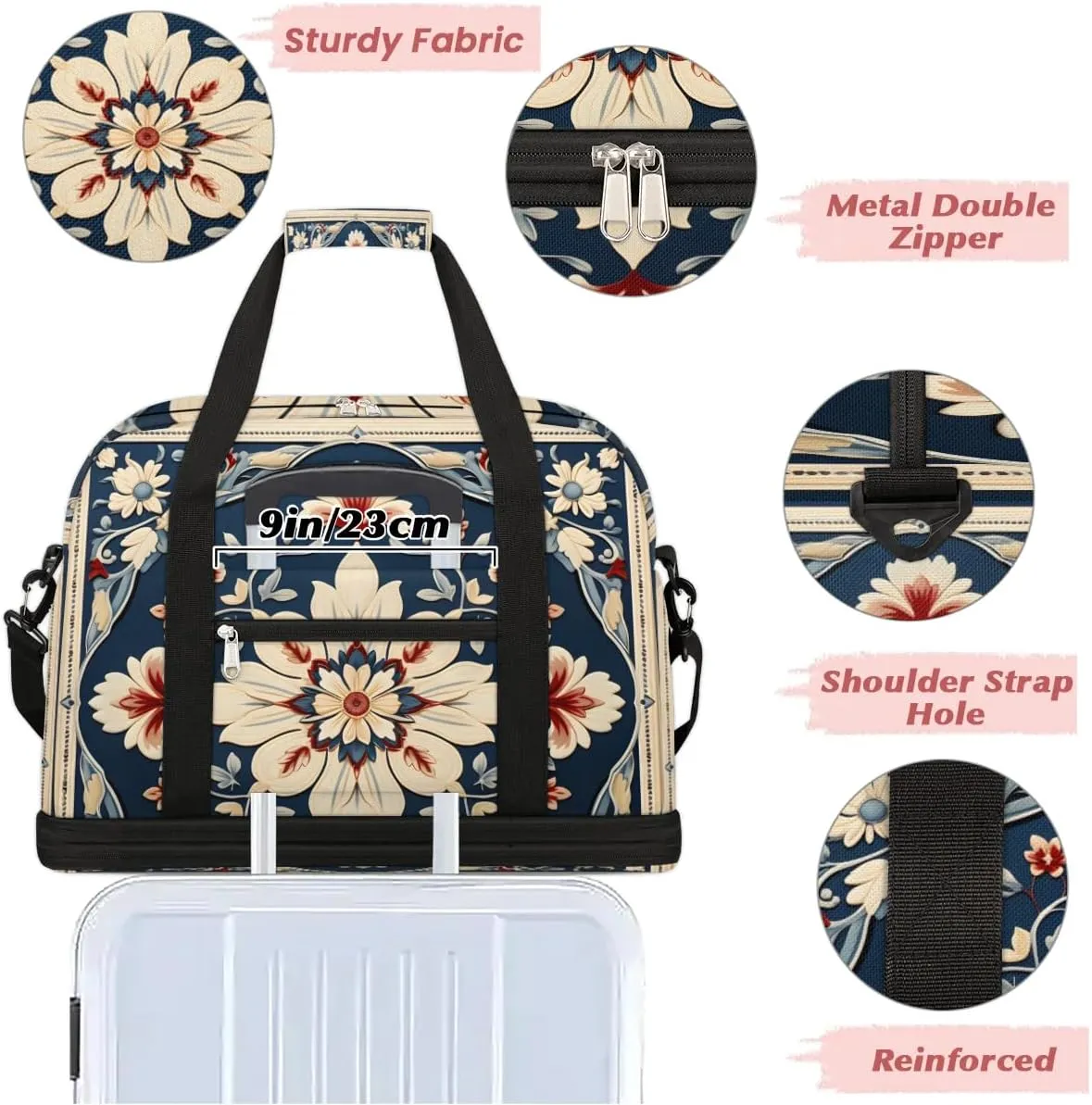 Abstract Boho Flowers Patterns Travel Duffle Bag, Collapsible Travel Bag Sports Gym Bag With Shoes Compartment Weekender Bag Overnight Bag For Women Men