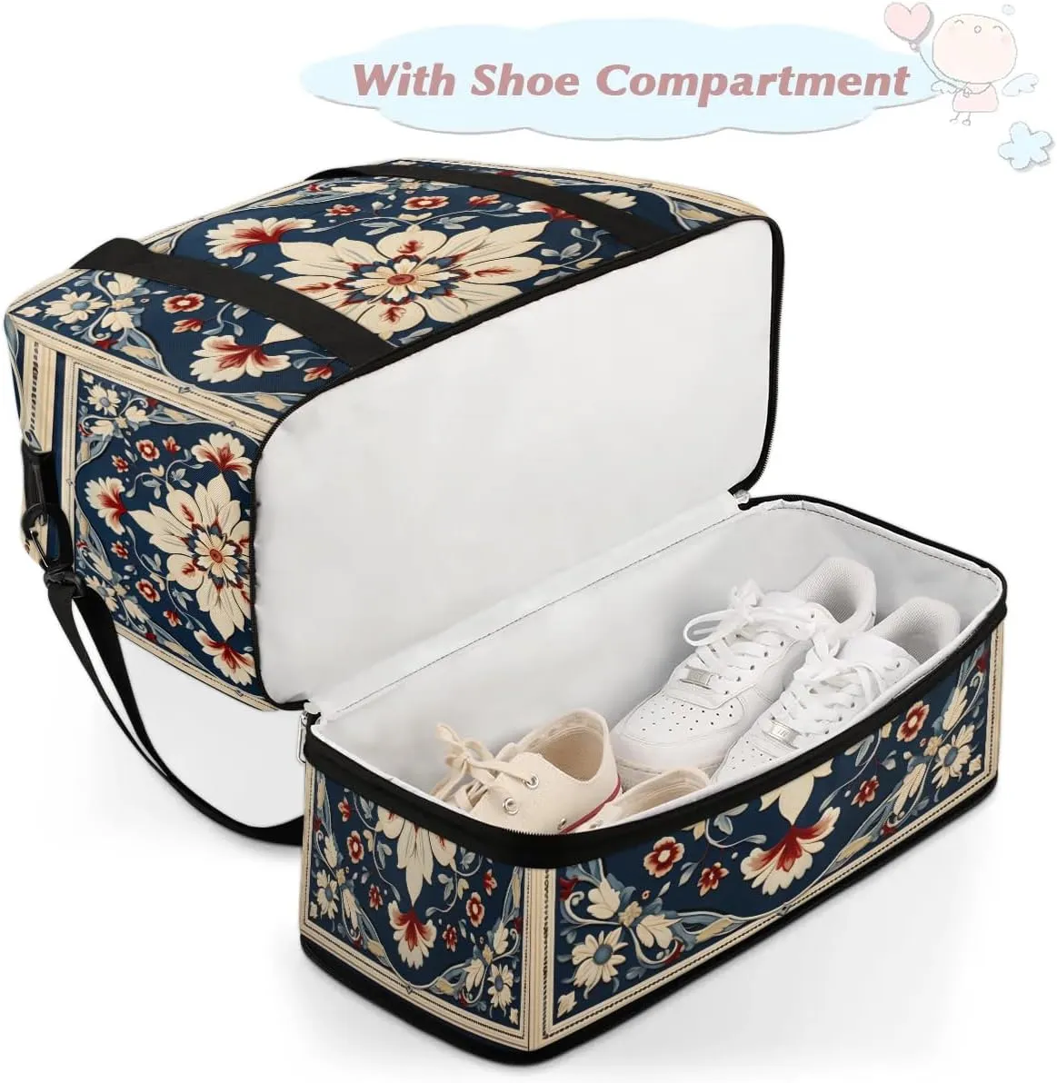 Abstract Boho Flowers Patterns Travel Duffle Bag, Collapsible Travel Bag Sports Gym Bag With Shoes Compartment Weekender Bag Overnight Bag For Women Men