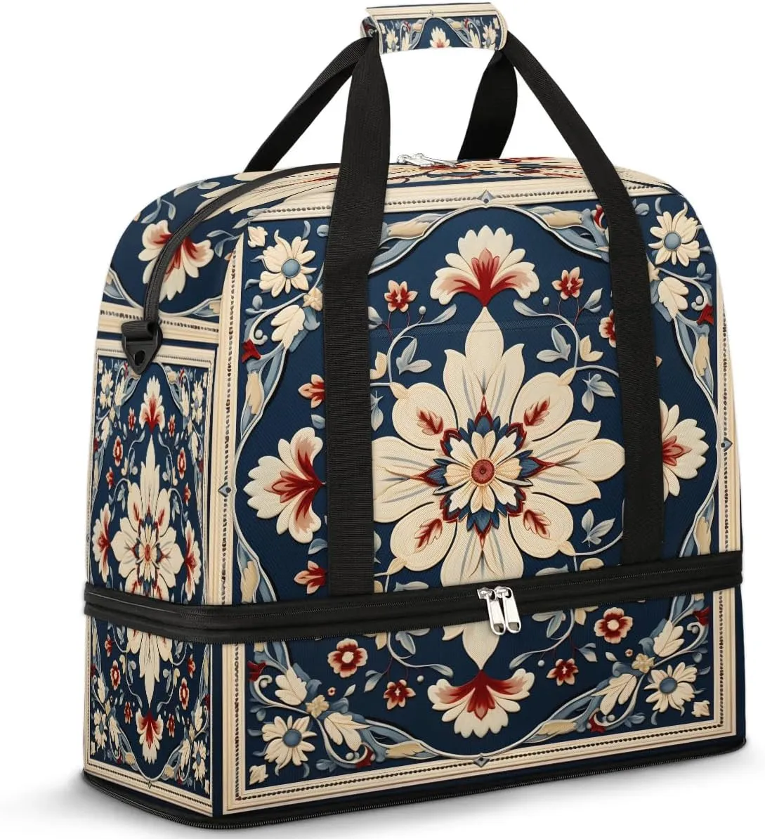 Abstract Boho Flowers Patterns Travel Duffle Bag, Collapsible Travel Bag Sports Gym Bag With Shoes Compartment Weekender Bag Overnight Bag For Women Men