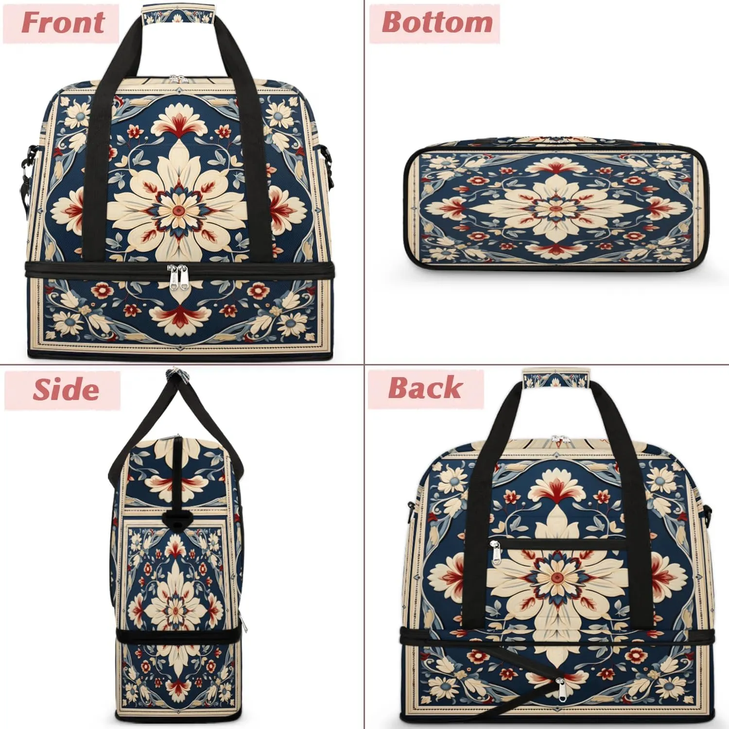 Abstract Boho Flowers Patterns Travel Duffle Bag, Collapsible Travel Bag Sports Gym Bag With Shoes Compartment Weekender Bag Overnight Bag For Women Men