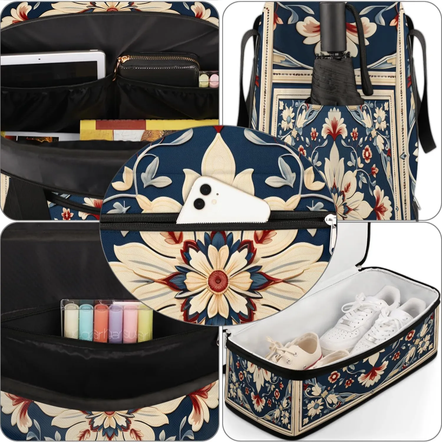 Abstract Boho Flowers Patterns Travel Duffle Bag, Collapsible Travel Bag Sports Gym Bag With Shoes Compartment Weekender Bag Overnight Bag For Women Men