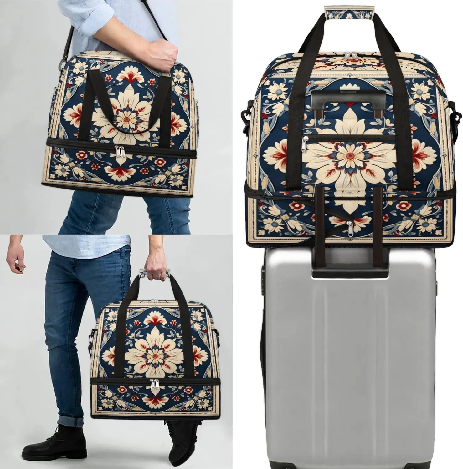Abstract Boho Flowers Patterns Travel Duffle Bag, Collapsible Travel Bag Sports Gym Bag With Shoes Compartment Weekender Bag Overnight Bag For Women Men