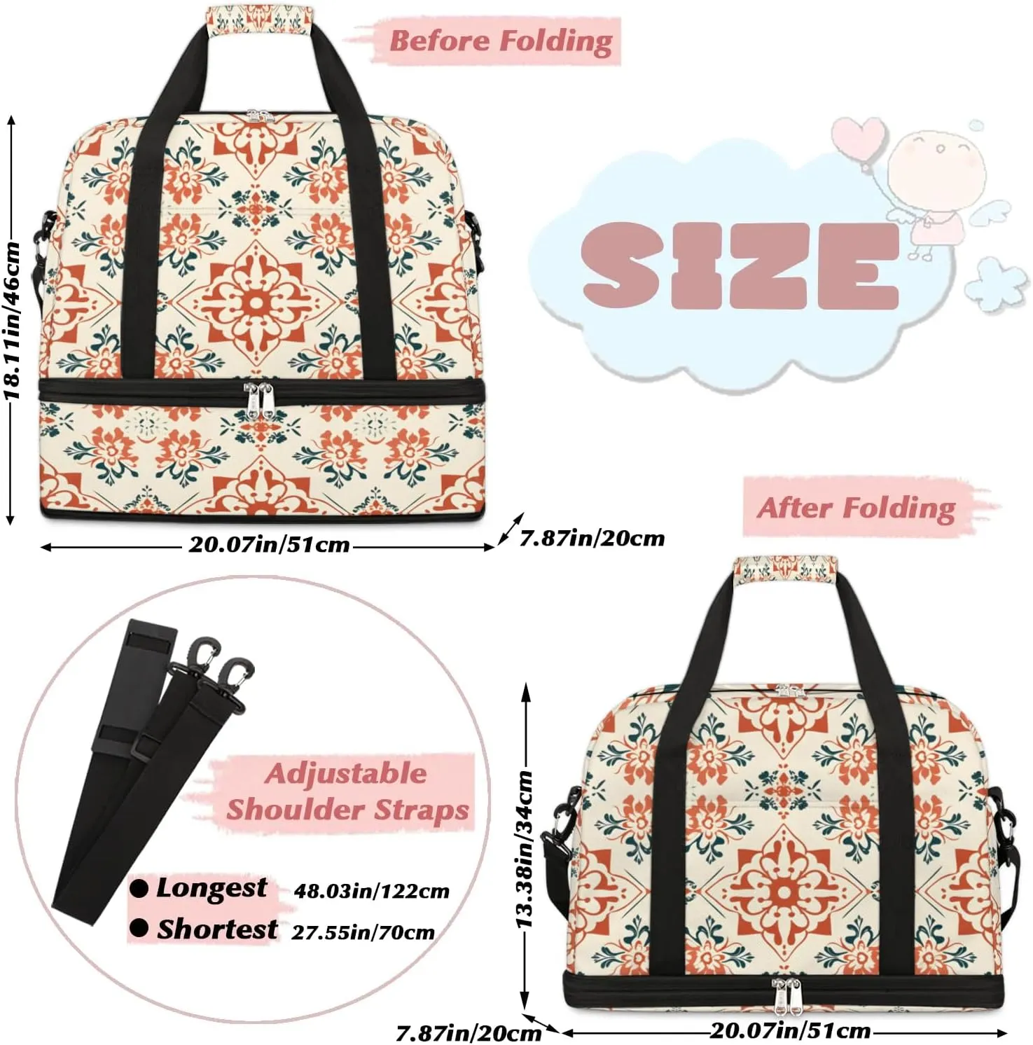 Abstract Flora Boho Printings Travel Duffle Bag, Collapsible Travel Bag Sports Gym Bag With Shoes Compartment Weekender Bag Overnight Bag For Women Men