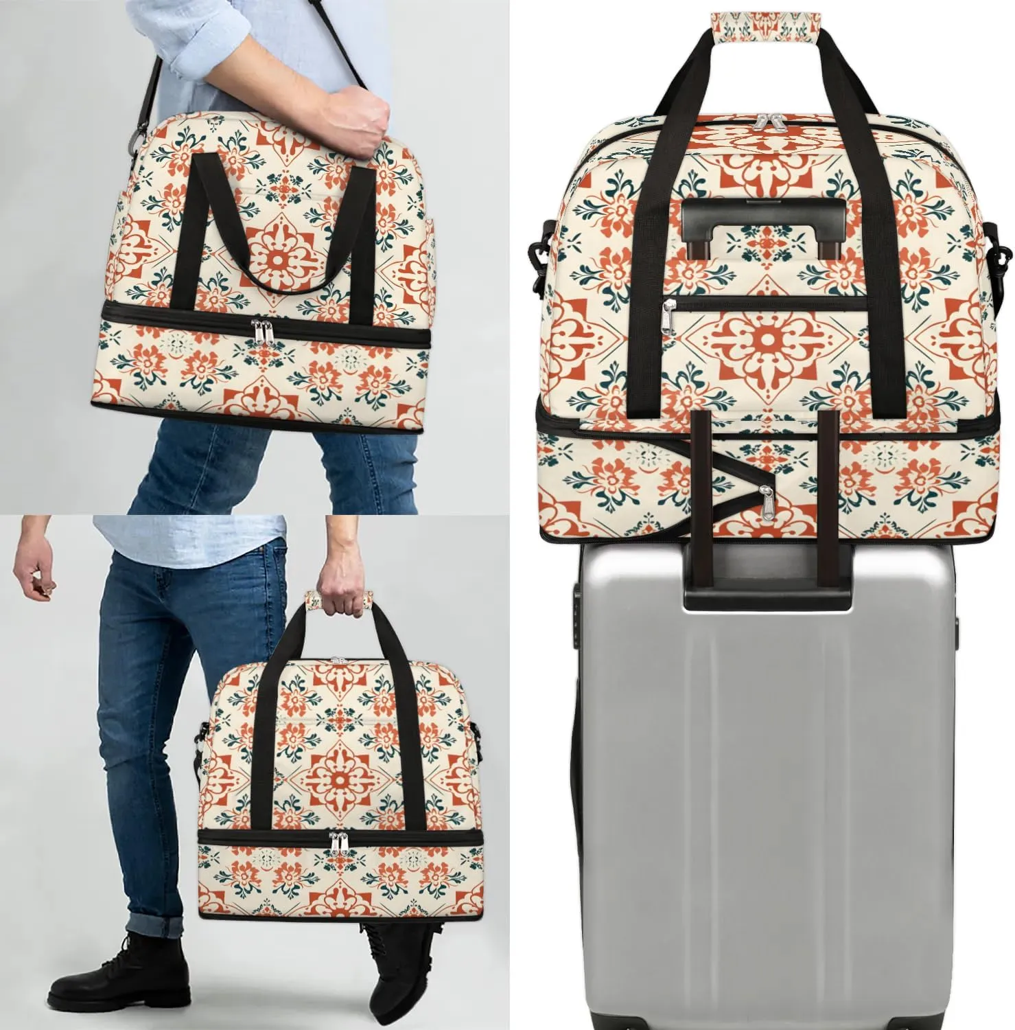 Abstract Flora Boho Printings Travel Duffle Bag, Collapsible Travel Bag Sports Gym Bag With Shoes Compartment Weekender Bag Overnight Bag For Women Men