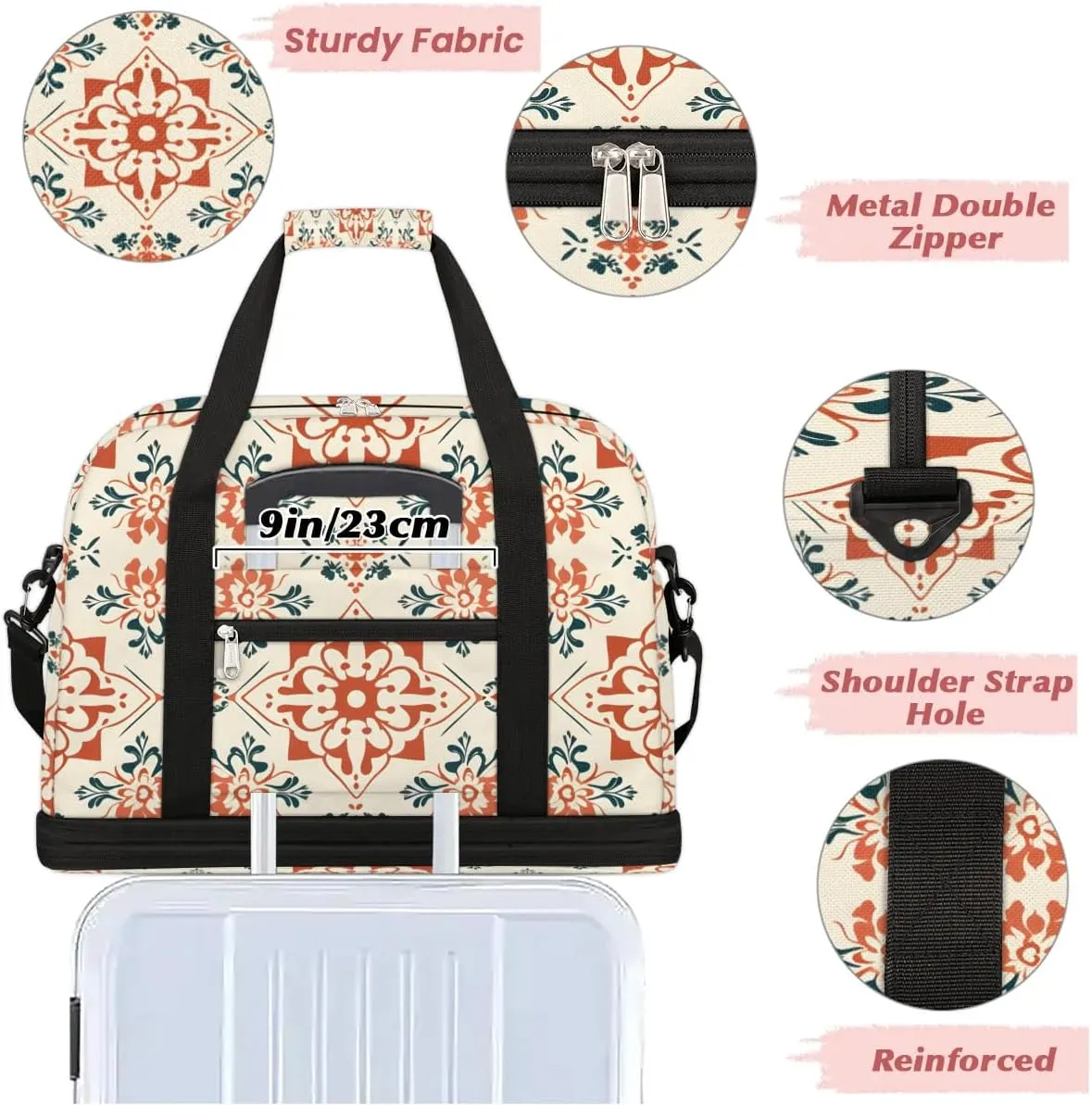 Abstract Flora Boho Printings Travel Duffle Bag, Collapsible Travel Bag Sports Gym Bag With Shoes Compartment Weekender Bag Overnight Bag For Women Men