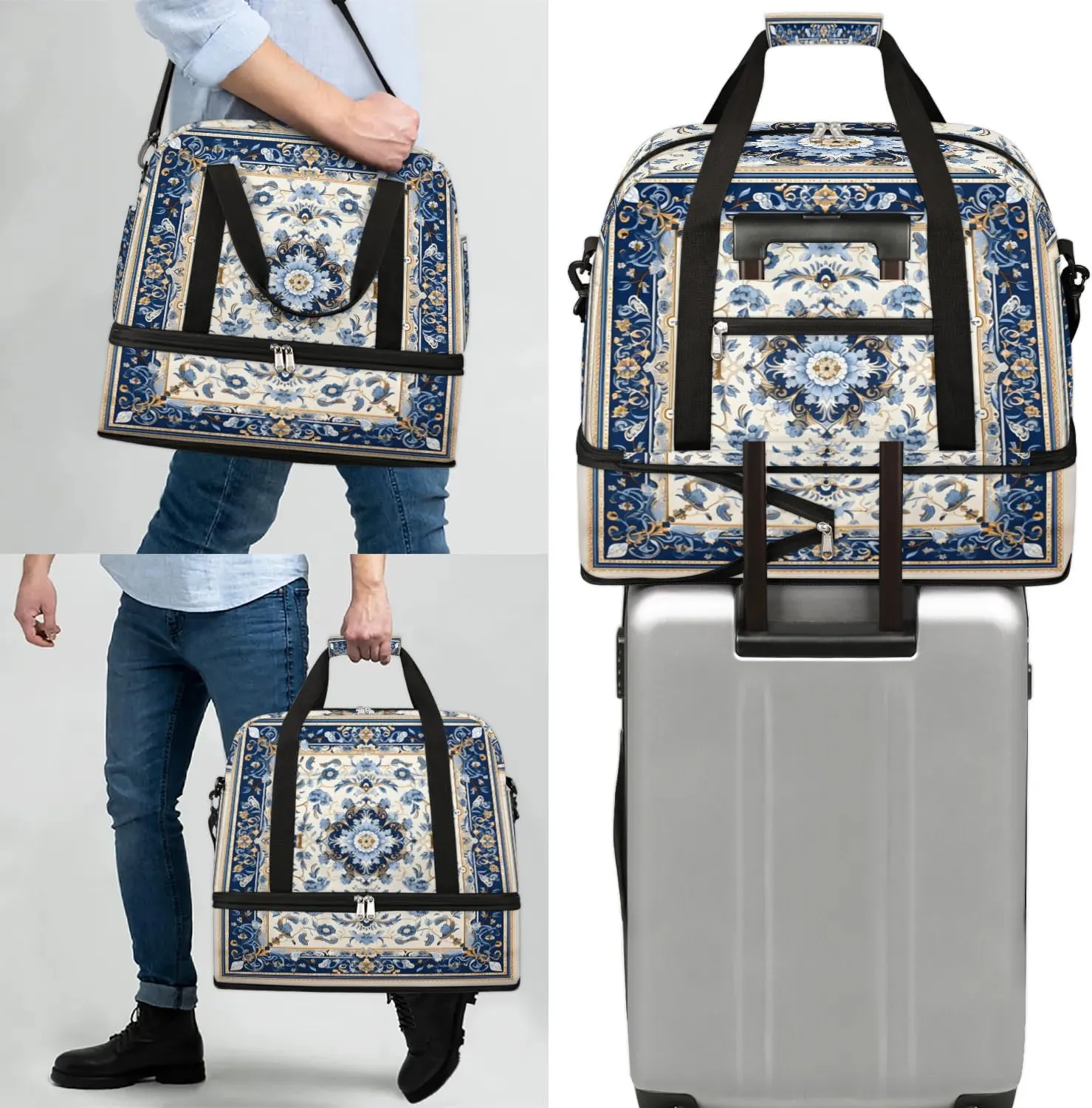 Abstract Flora Retro Printing Travel Duffle Bag, Collapsible Travel Bag Sports Gym Bag With Shoes Compartment Weekender Bag Overnight Bag For Women Men