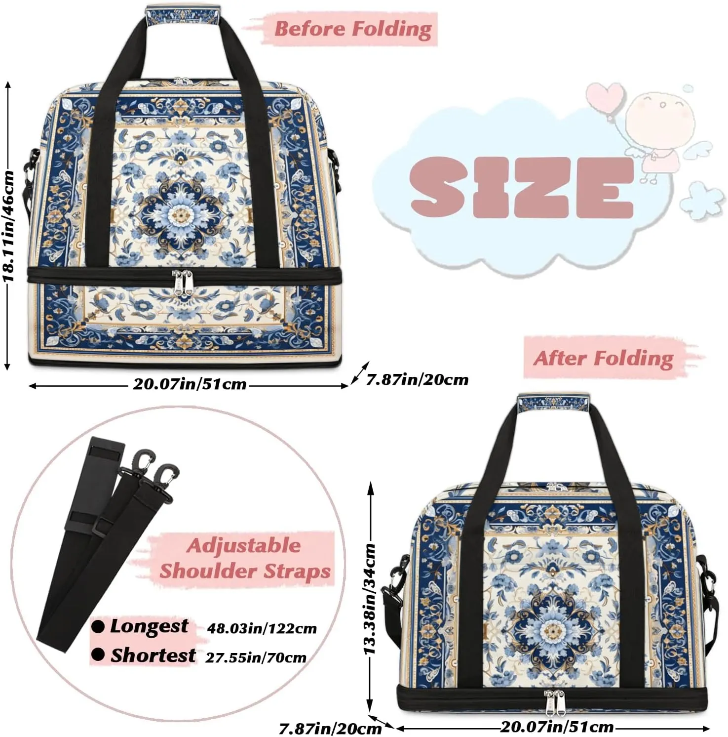Abstract Flora Retro Printing Travel Duffle Bag, Collapsible Travel Bag Sports Gym Bag With Shoes Compartment Weekender Bag Overnight Bag For Women Men