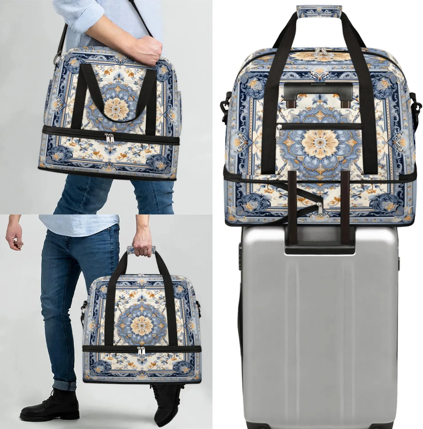 Abstract Flora Retro Prints Travel Duffle Bag, Collapsible Travel Bag Sports Gym Bag With Shoes Compartment Weekender Bag Overnight Bag For Women Men