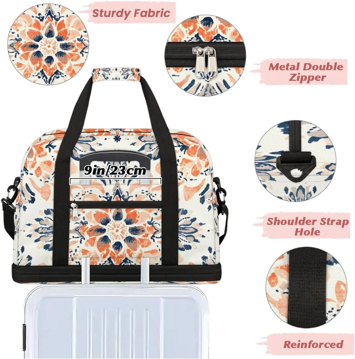 Abstract Pattern Boho Flora Travel Duffle Bag, Collapsible Travel Bag Sports Gym Bag With Shoes Compartment Weekender Bag Overnight Bag For Women Men