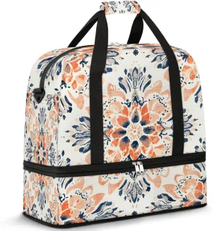 Abstract Pattern Boho Flora Travel Duffle Bag, Collapsible Travel Bag Sports Gym Bag With Shoes Compartment Weekender Bag Overnight Bag For Women Men