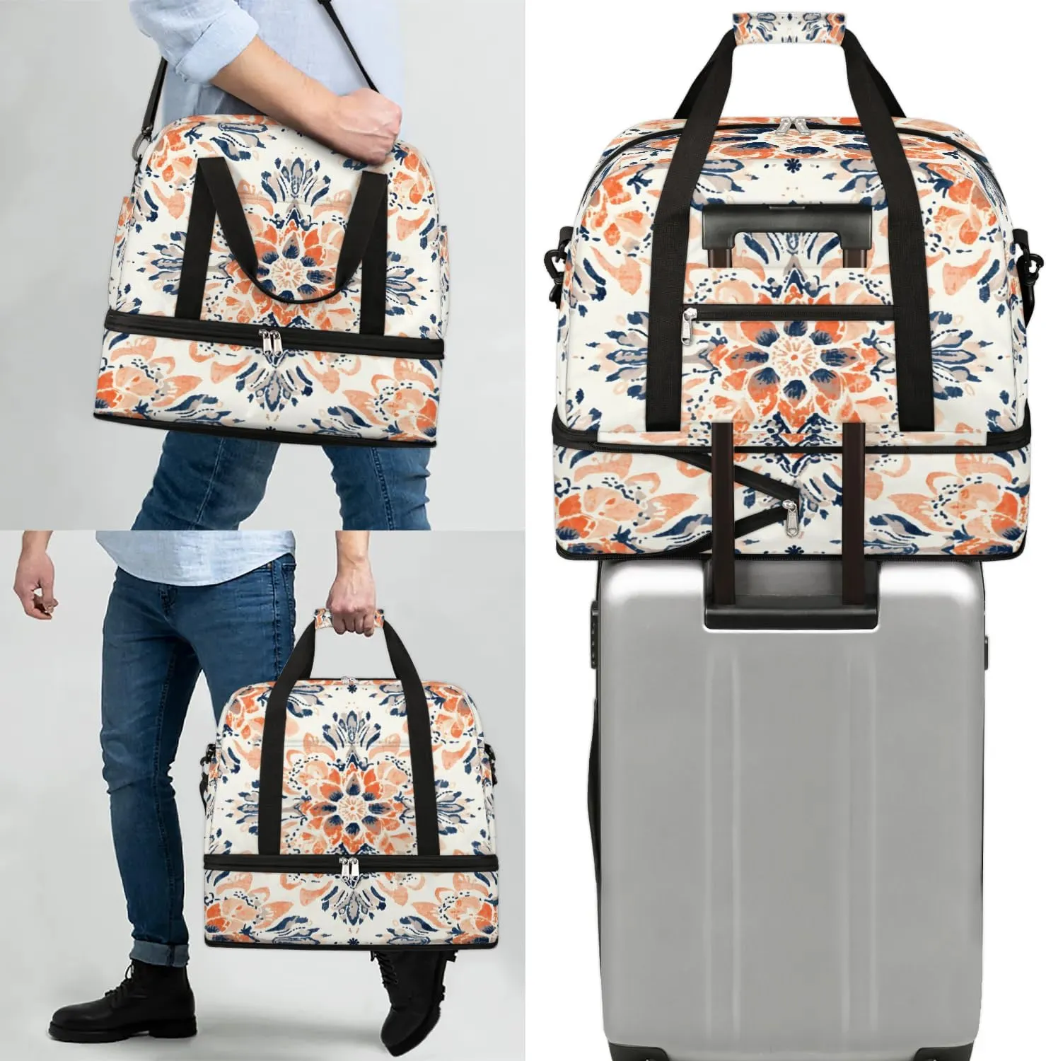 Abstract Pattern Boho Flora Travel Duffle Bag, Collapsible Travel Bag Sports Gym Bag With Shoes Compartment Weekender Bag Overnight Bag For Women Men