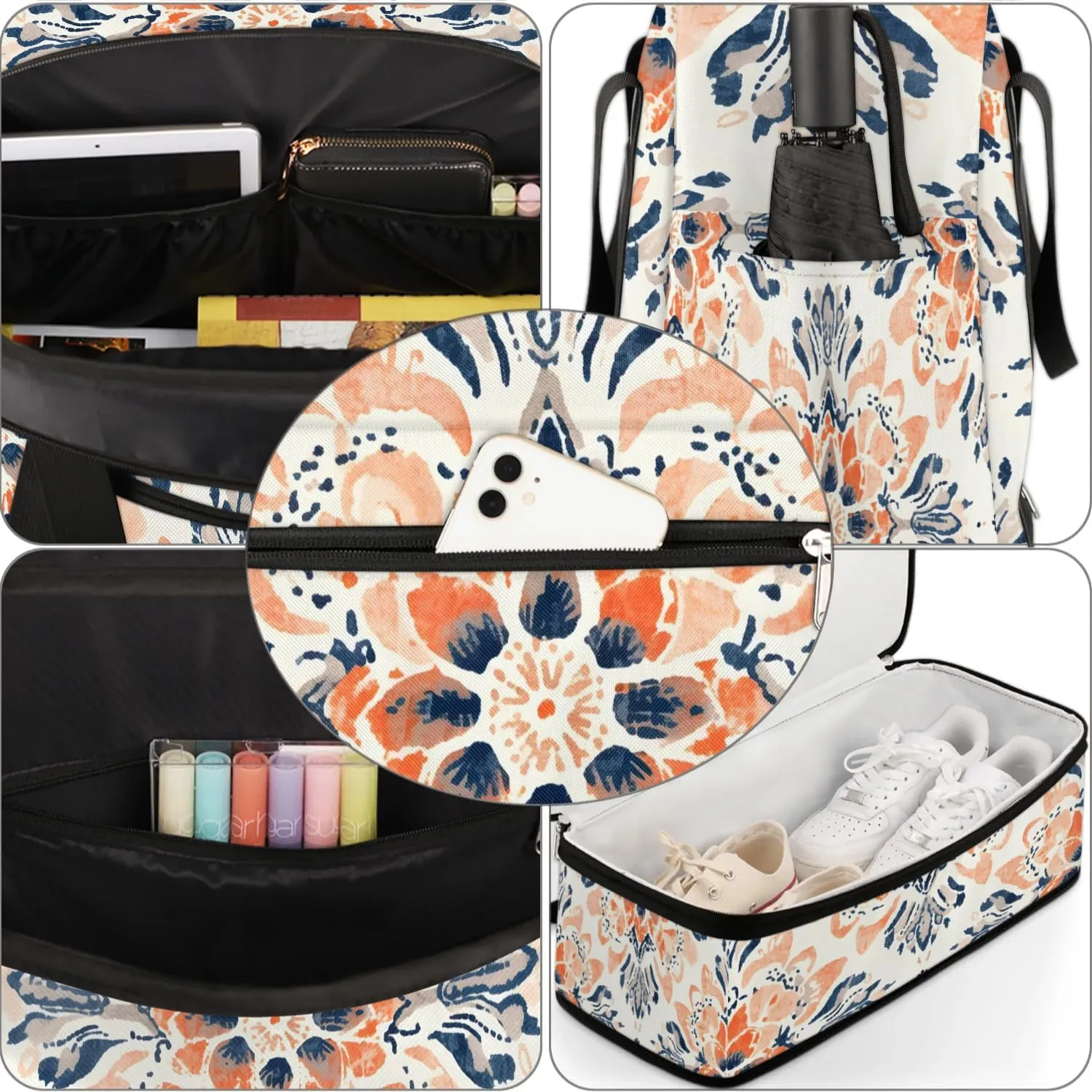 Abstract Pattern Boho Flora Travel Duffle Bag, Collapsible Travel Bag Sports Gym Bag With Shoes Compartment Weekender Bag Overnight Bag For Women Men