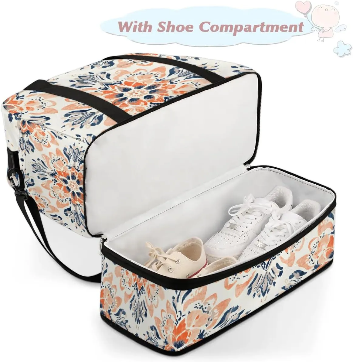 Abstract Pattern Boho Flora Travel Duffle Bag, Collapsible Travel Bag Sports Gym Bag With Shoes Compartment Weekender Bag Overnight Bag For Women Men