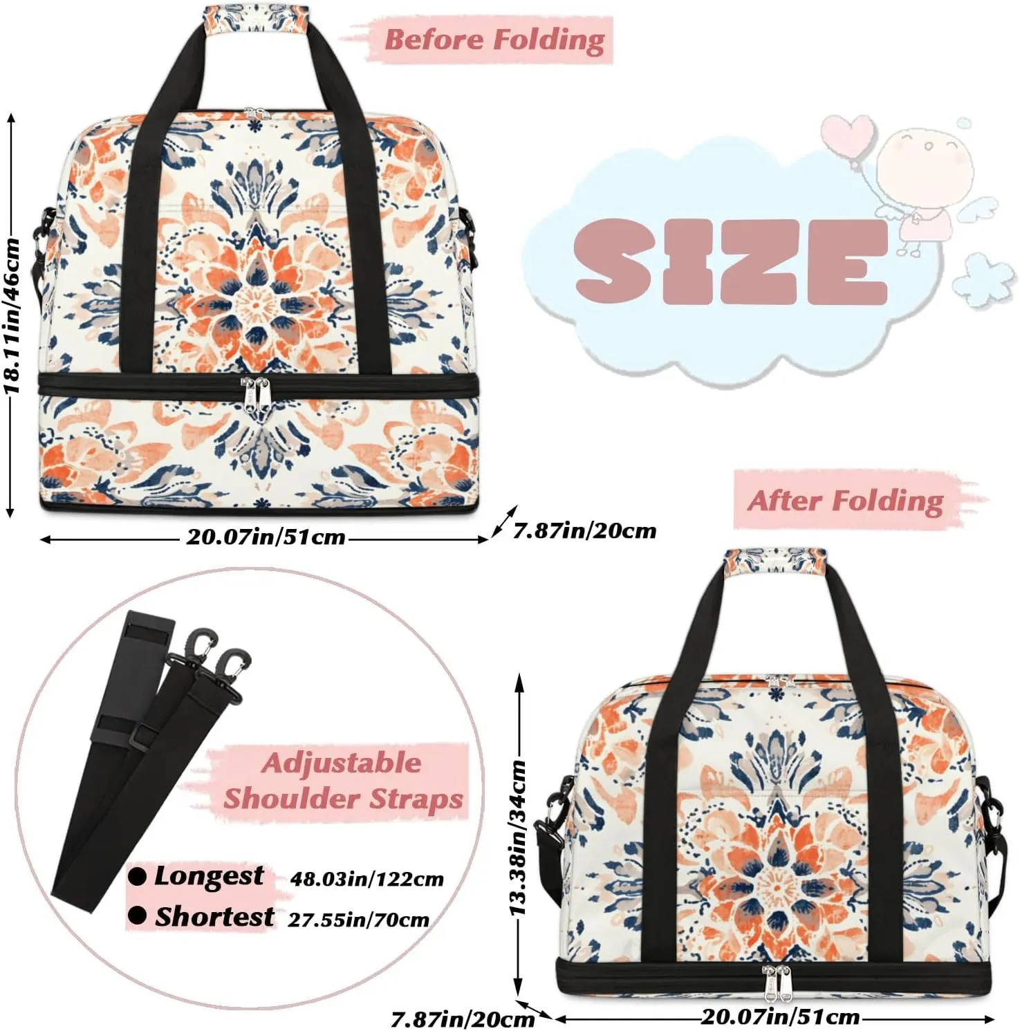 Abstract Pattern Boho Flora Travel Duffle Bag, Collapsible Travel Bag Sports Gym Bag With Shoes Compartment Weekender Bag Overnight Bag For Women Men