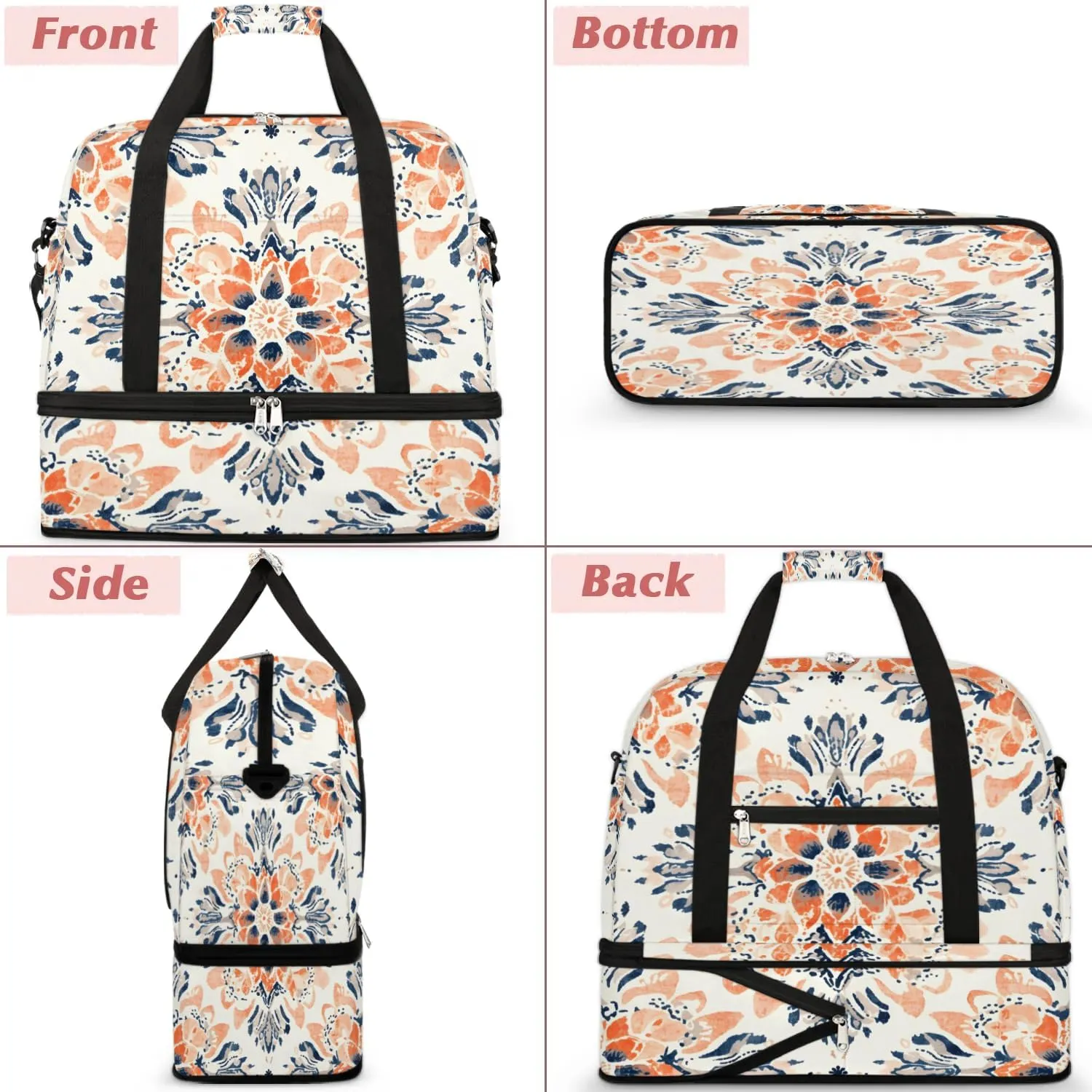 Abstract Pattern Boho Flora Travel Duffle Bag, Collapsible Travel Bag Sports Gym Bag With Shoes Compartment Weekender Bag Overnight Bag For Women Men