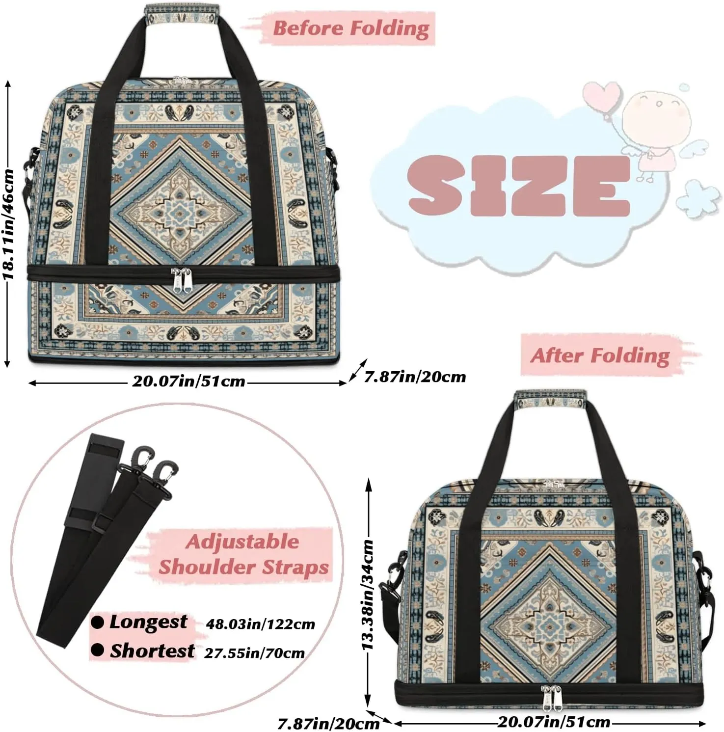 Abstract Printing Boho Flora Travel Duffle Bag, Collapsible Travel Bag Sports Gym Bag With Shoes Compartment Weekender Bag Overnight Bag For Women Men